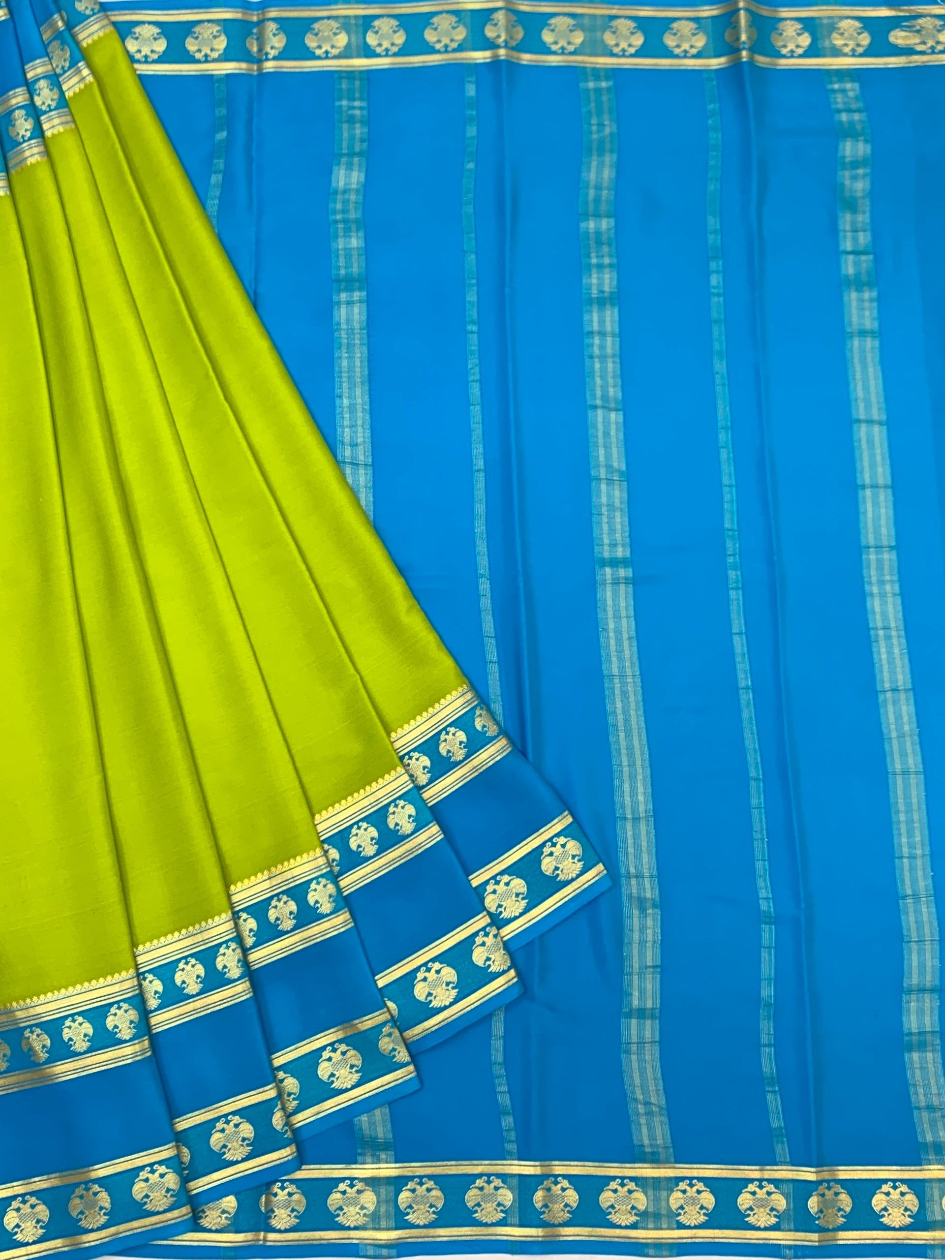 Royal Finesse: Lime Green & Electric Blue Kanjivaram Mysore Silk Saree