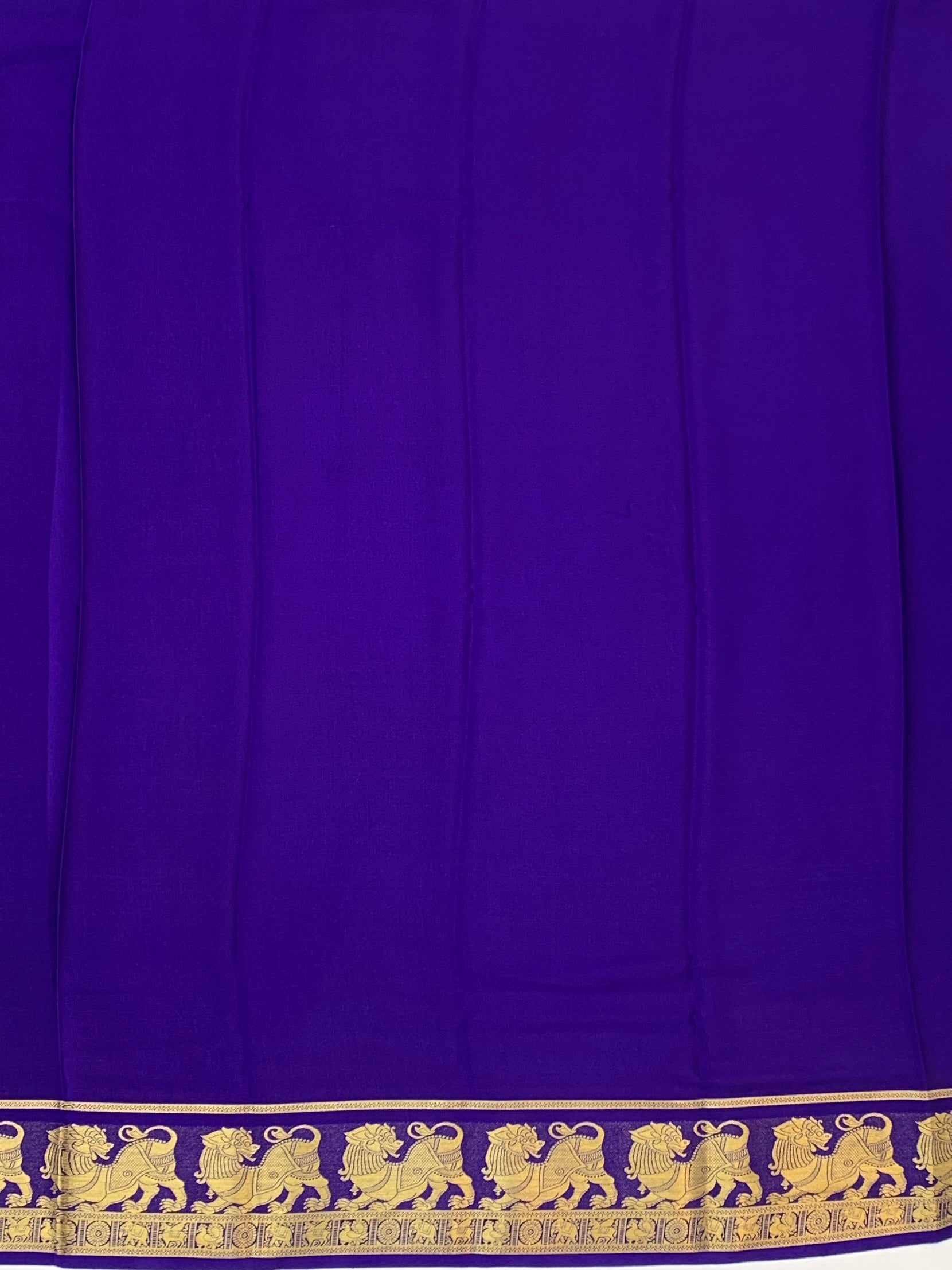 Elegant Cream & Royal Purple Mysore Silk Saree with Traditional Lion Motif Border