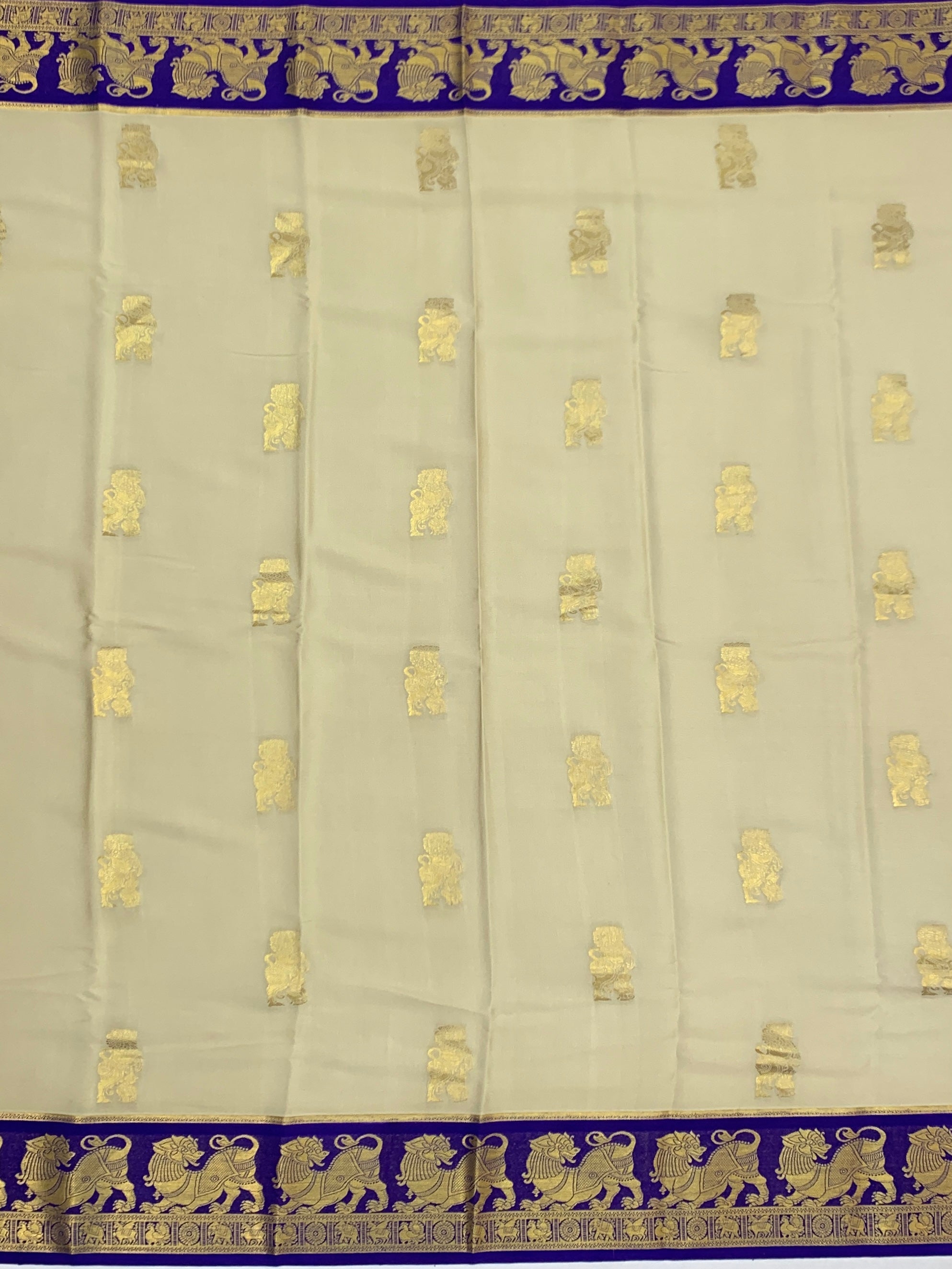 Elegant Cream & Royal Purple Mysore Silk Saree with Traditional Lion Motif Border