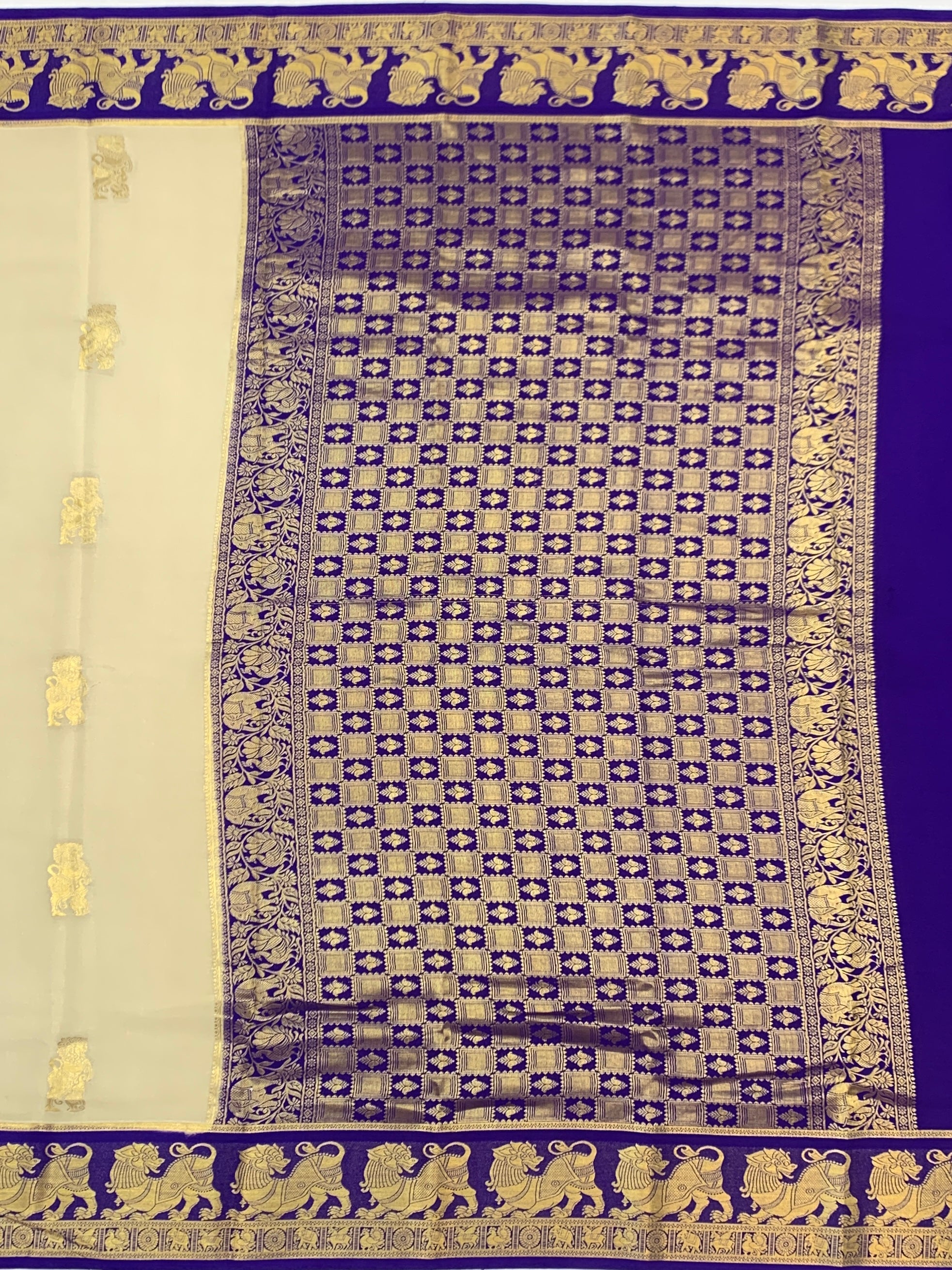 Elegant Cream & Royal Purple Mysore Silk Saree with Traditional Lion Motif Border