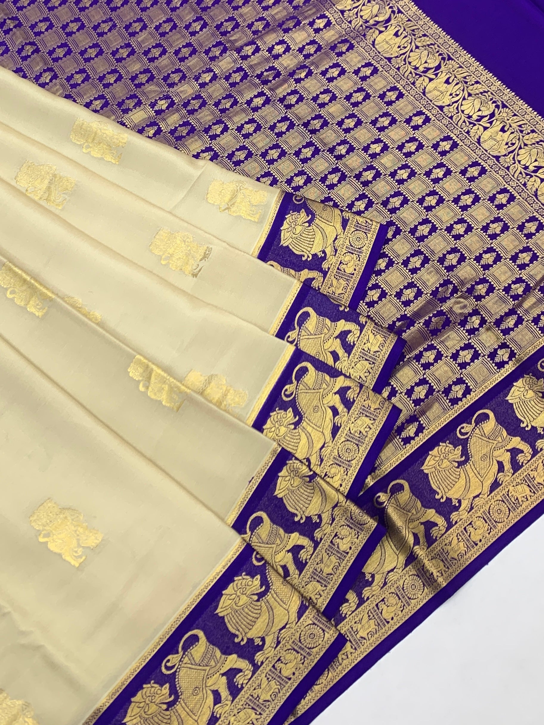Elegant Cream & Royal Purple Mysore Silk Saree with Traditional Lion Motif Border