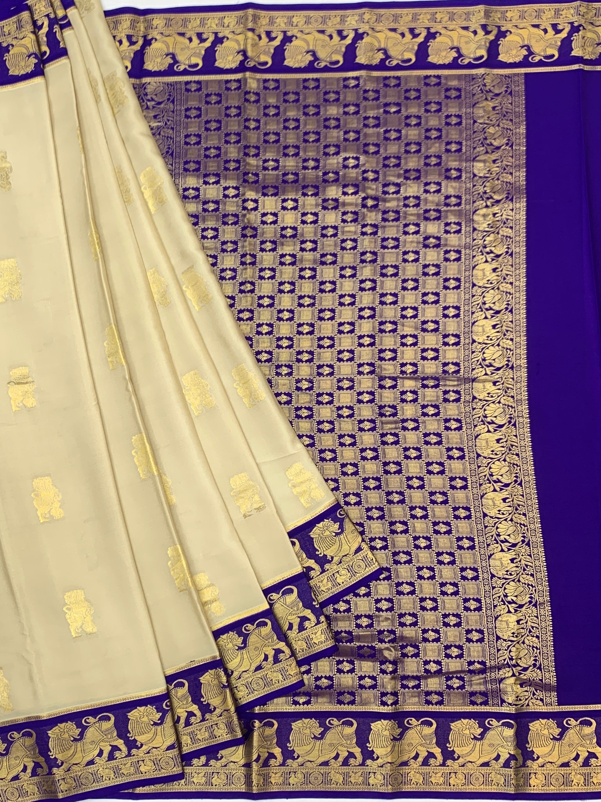 Elegant Cream & Royal Purple Mysore Silk Saree with Traditional Lion Motif Border
