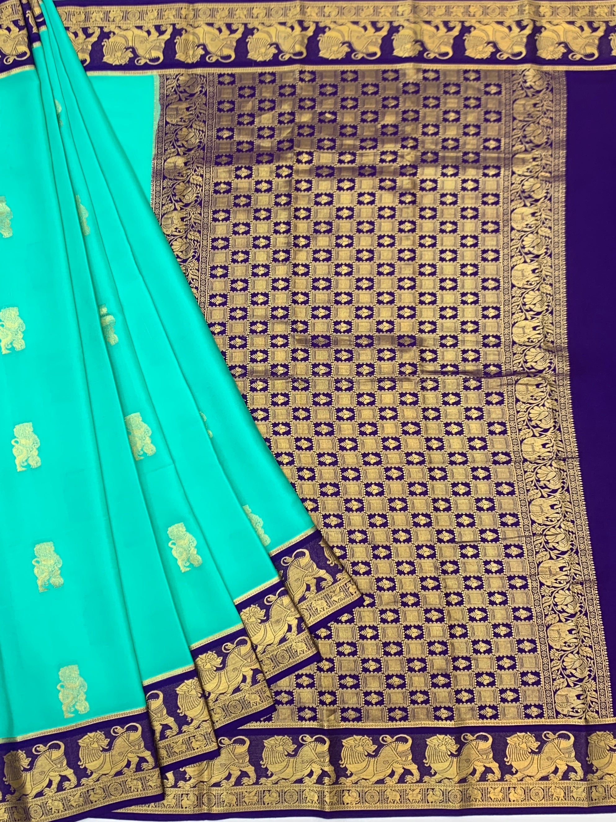Exquisite Mysore Silk Saree – Sea Green & Royal Purple