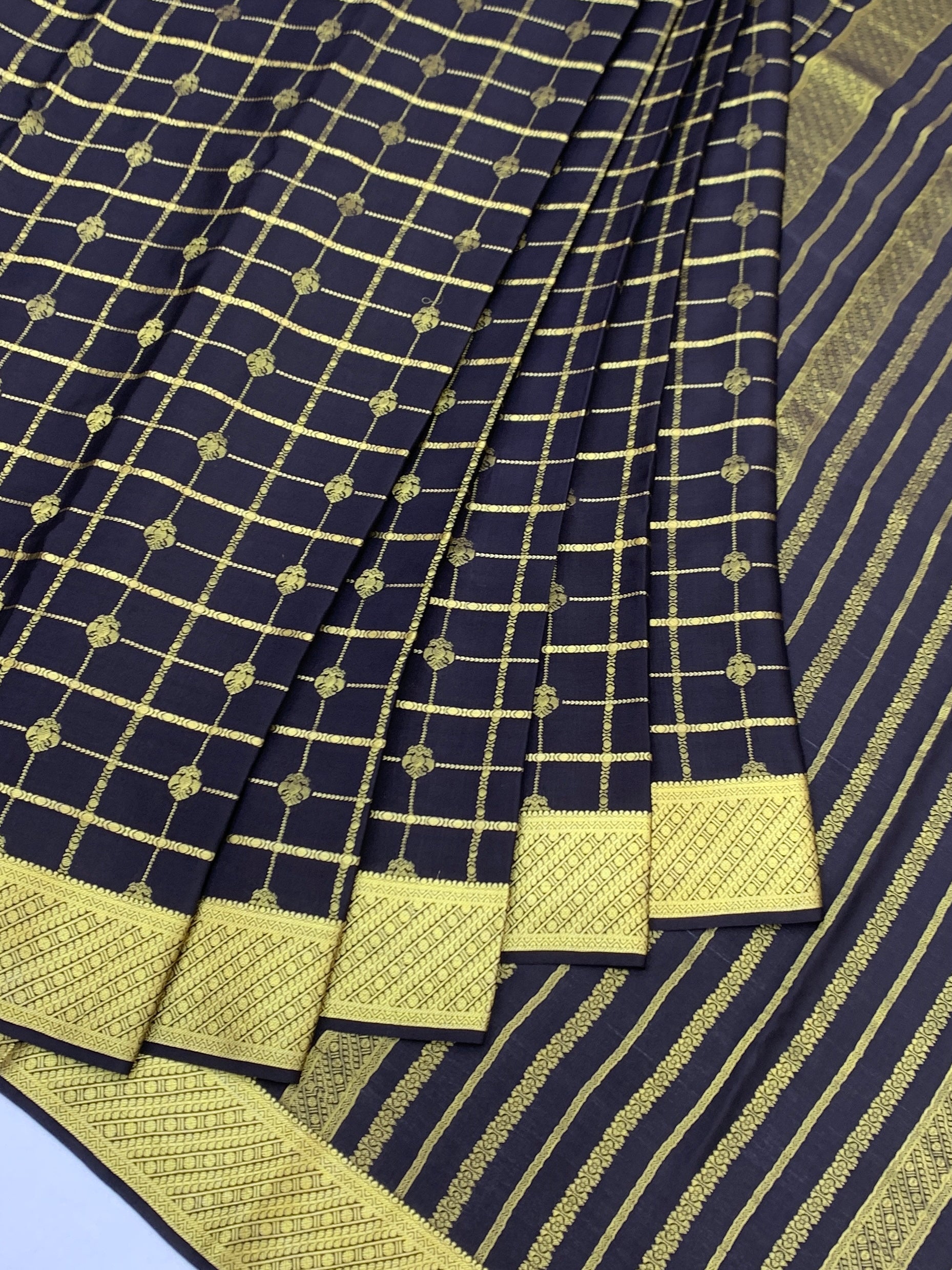 Elegant Midnight Black Mysore Silk Saree with Zari Checks