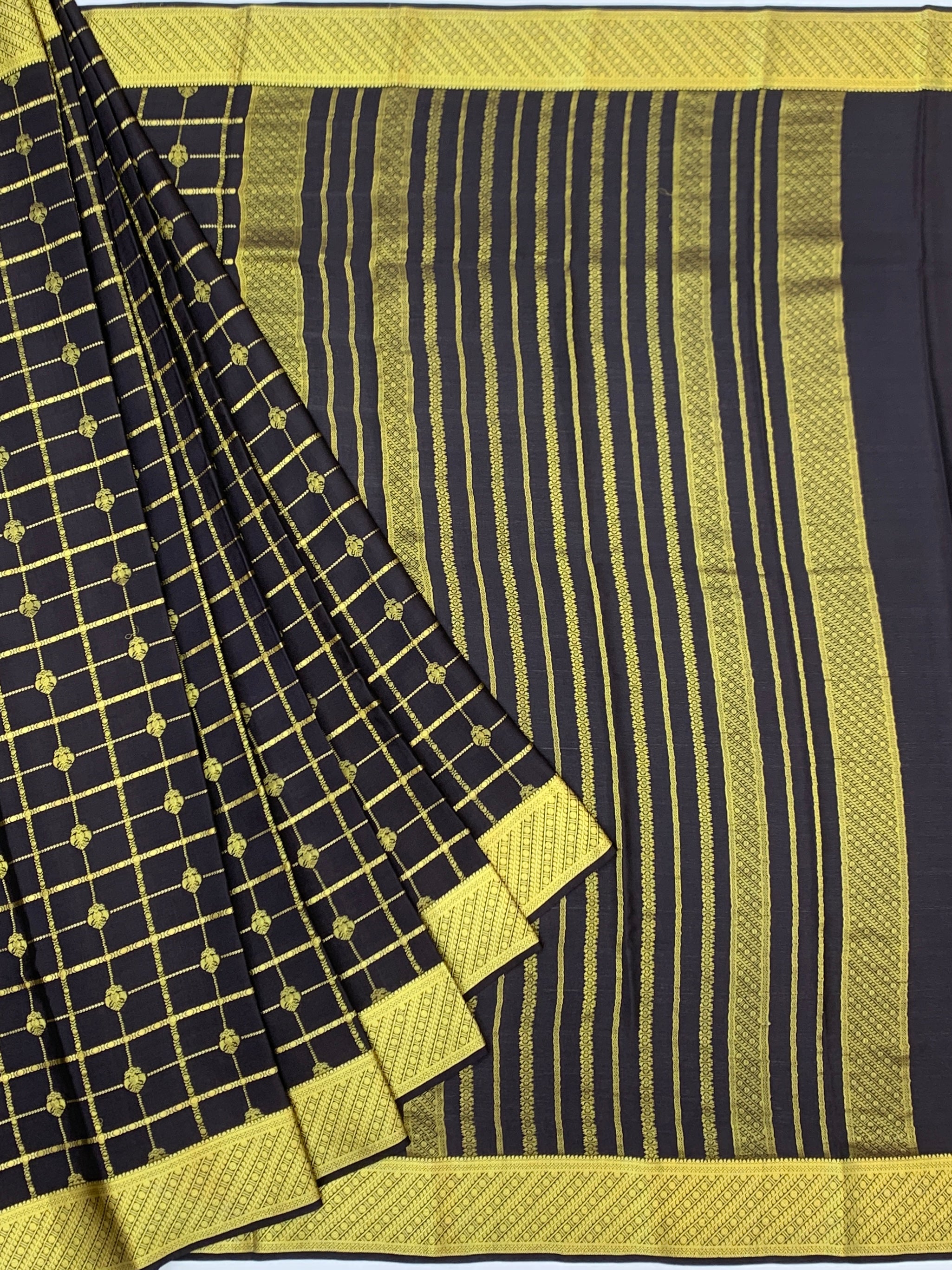 Elegant Midnight Black Mysore Silk Saree with Zari Checks