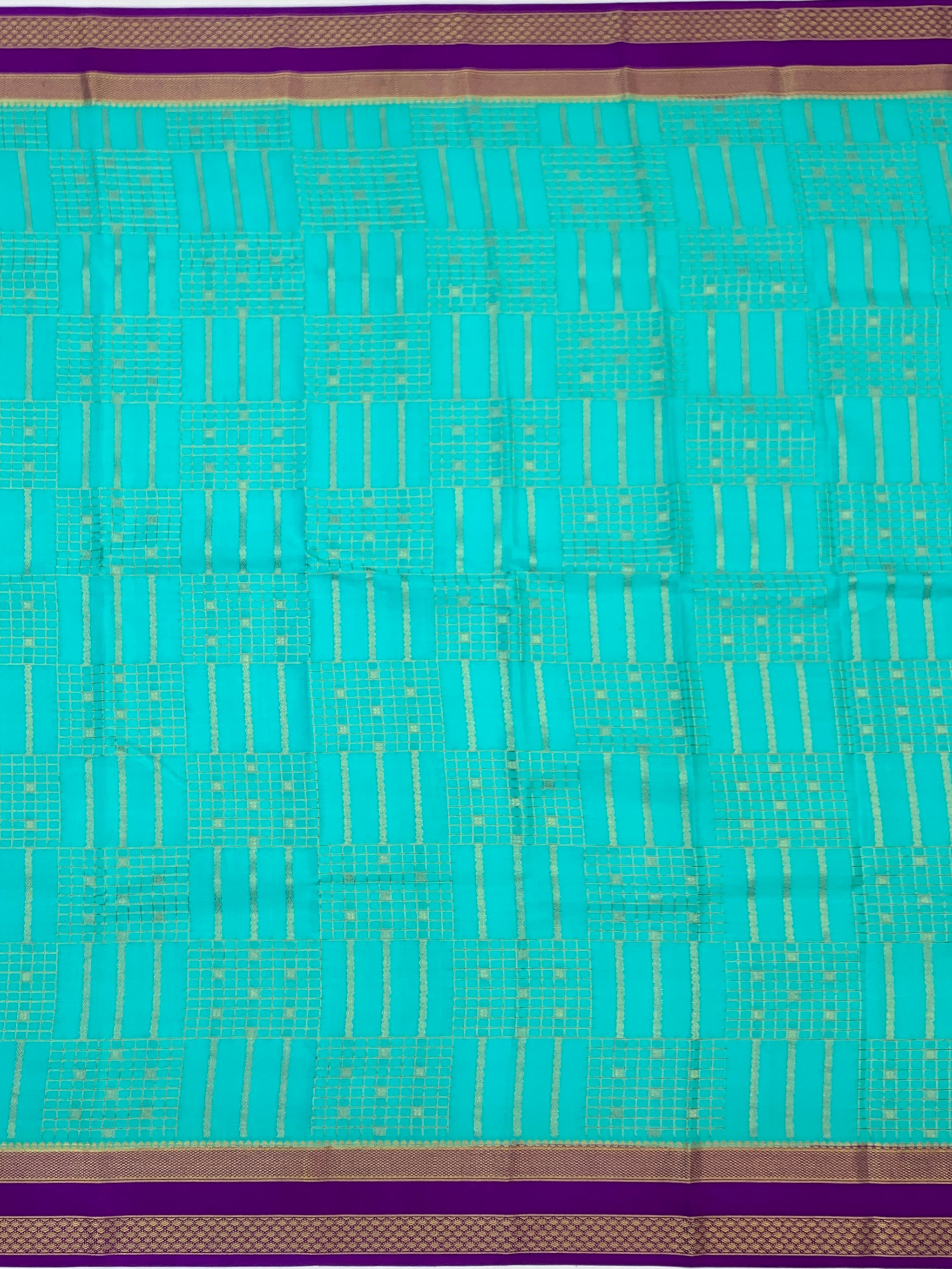 Vibrant Teal & Deep Purple Mysore Silk Saree with Geometric Zari Work