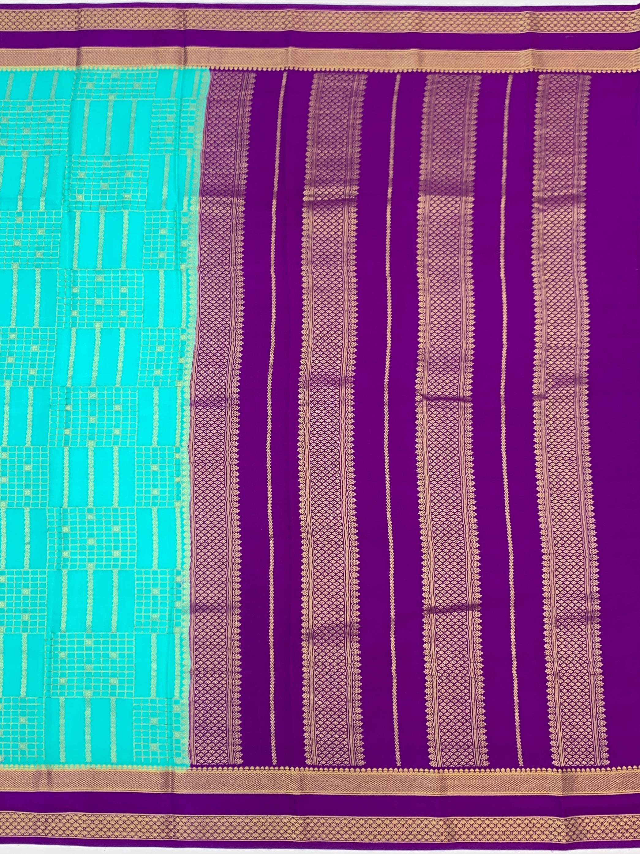 Vibrant Teal & Deep Purple Mysore Silk Saree with Geometric Zari Work