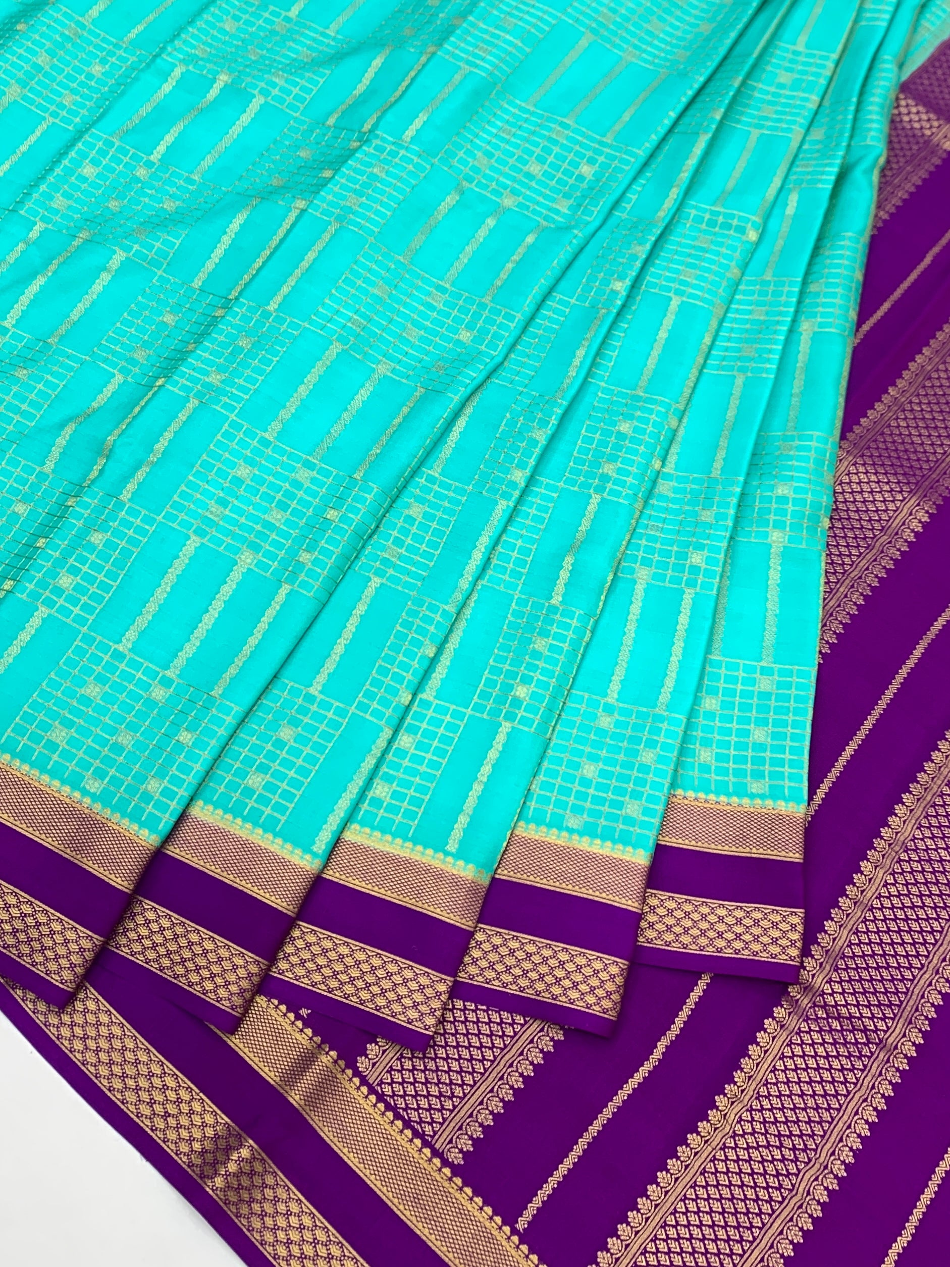 Vibrant Teal & Deep Purple Mysore Silk Saree with Geometric Zari Work