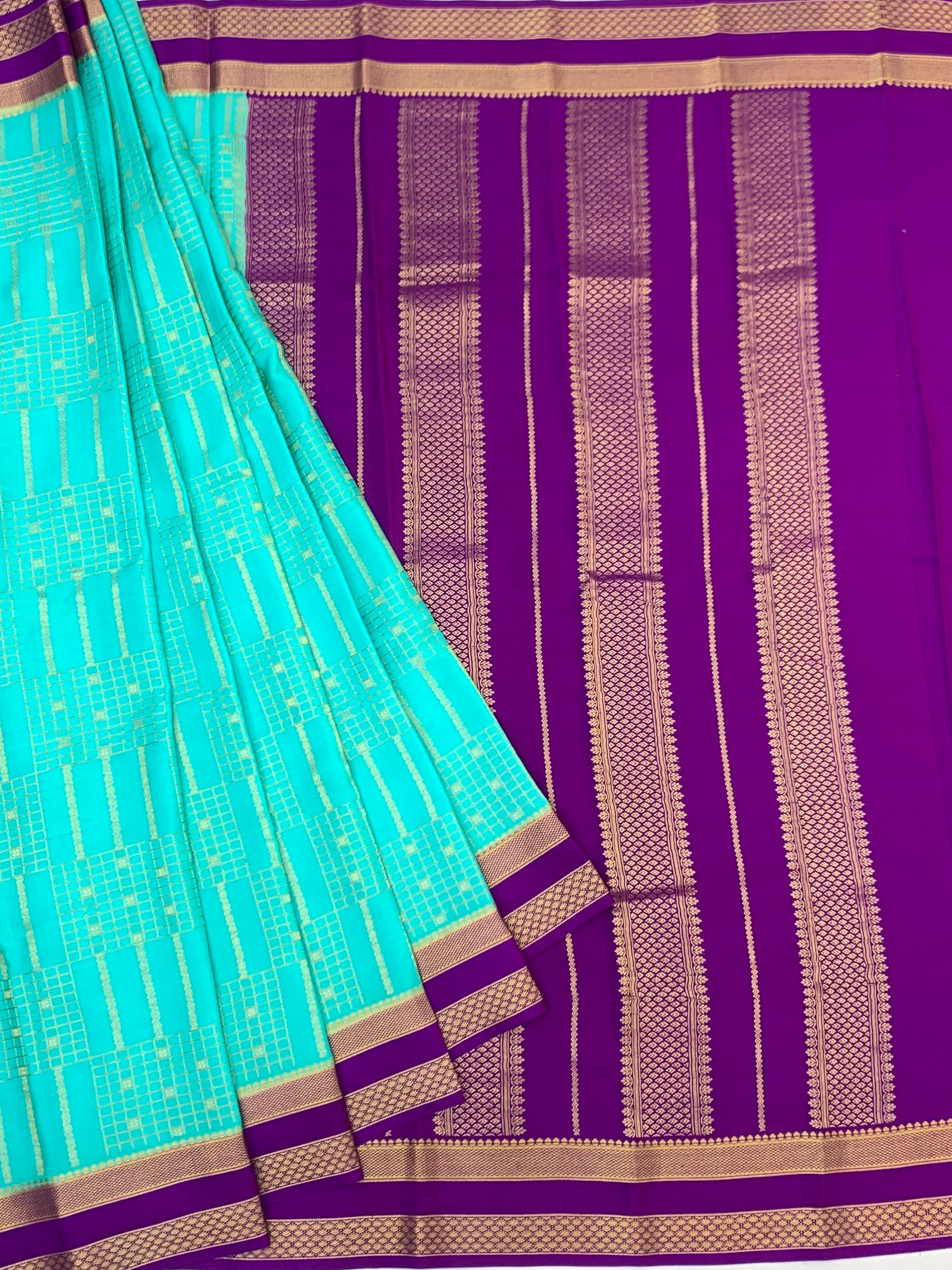 Vibrant Teal & Deep Purple Mysore Silk Saree with Geometric Zari Work