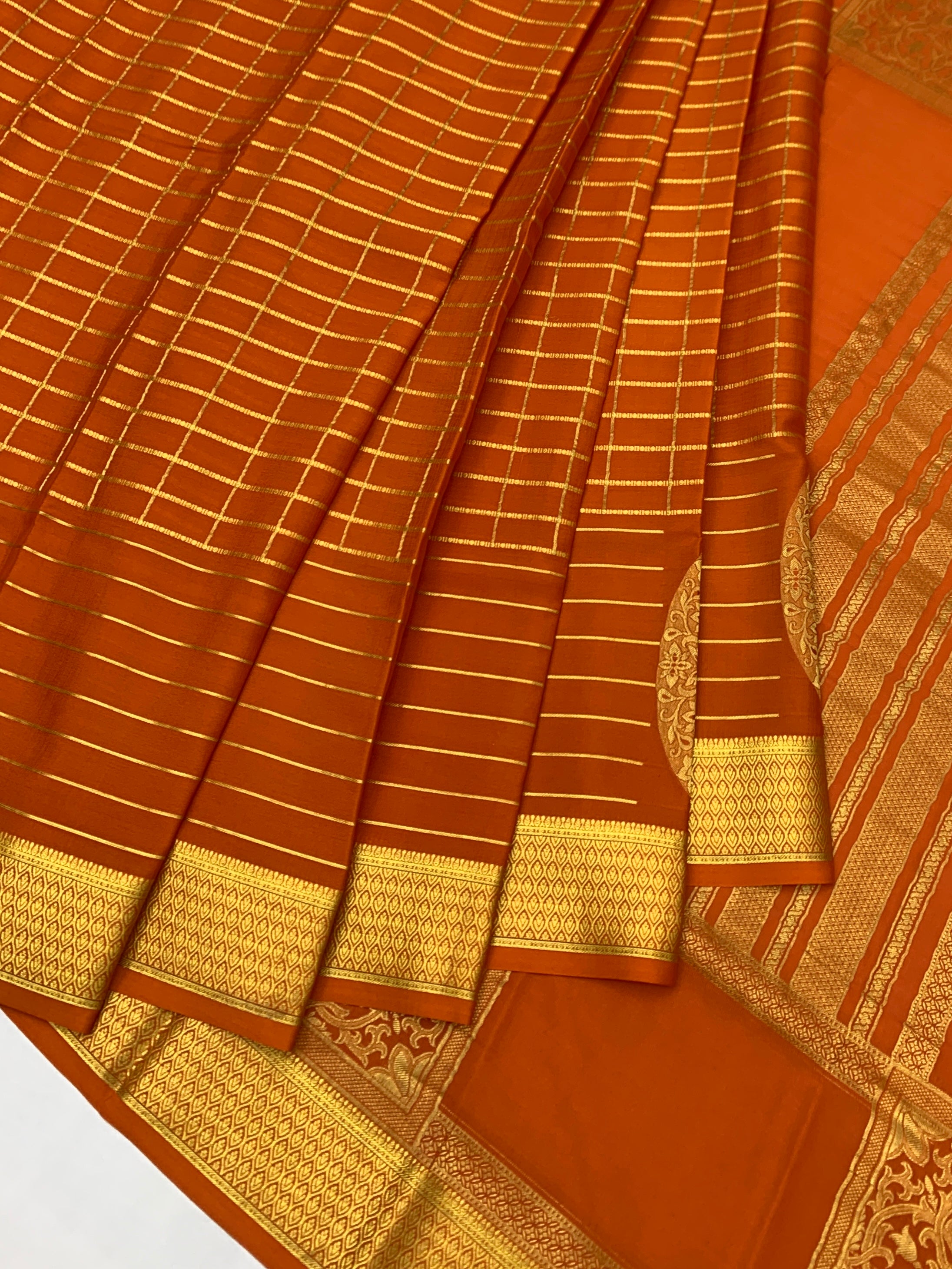 Vibrant Orange Mysore Silk Saree with Rich Gold Zari Checks