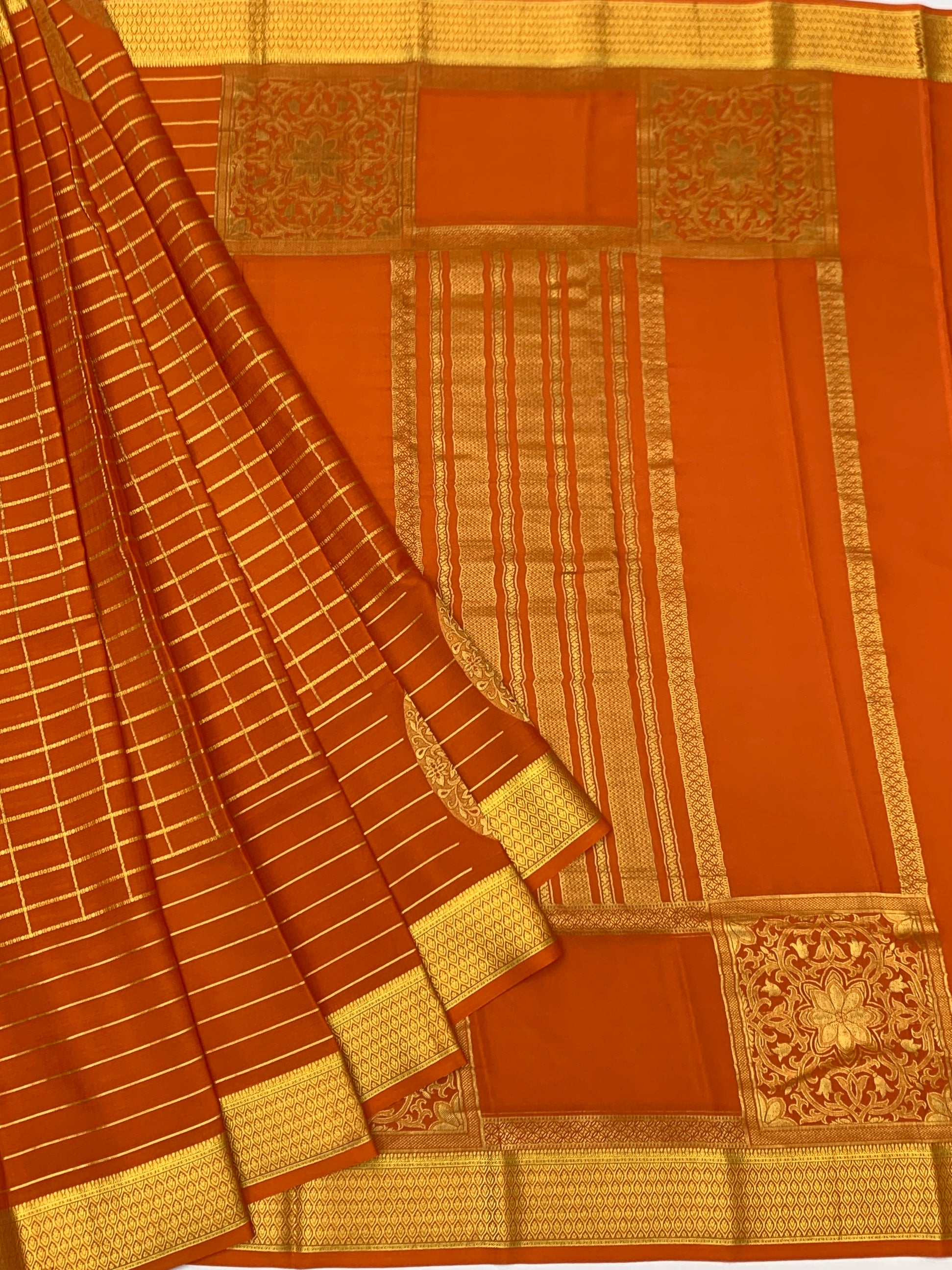 Vibrant Orange Mysore Silk Saree with Rich Gold Zari Checks