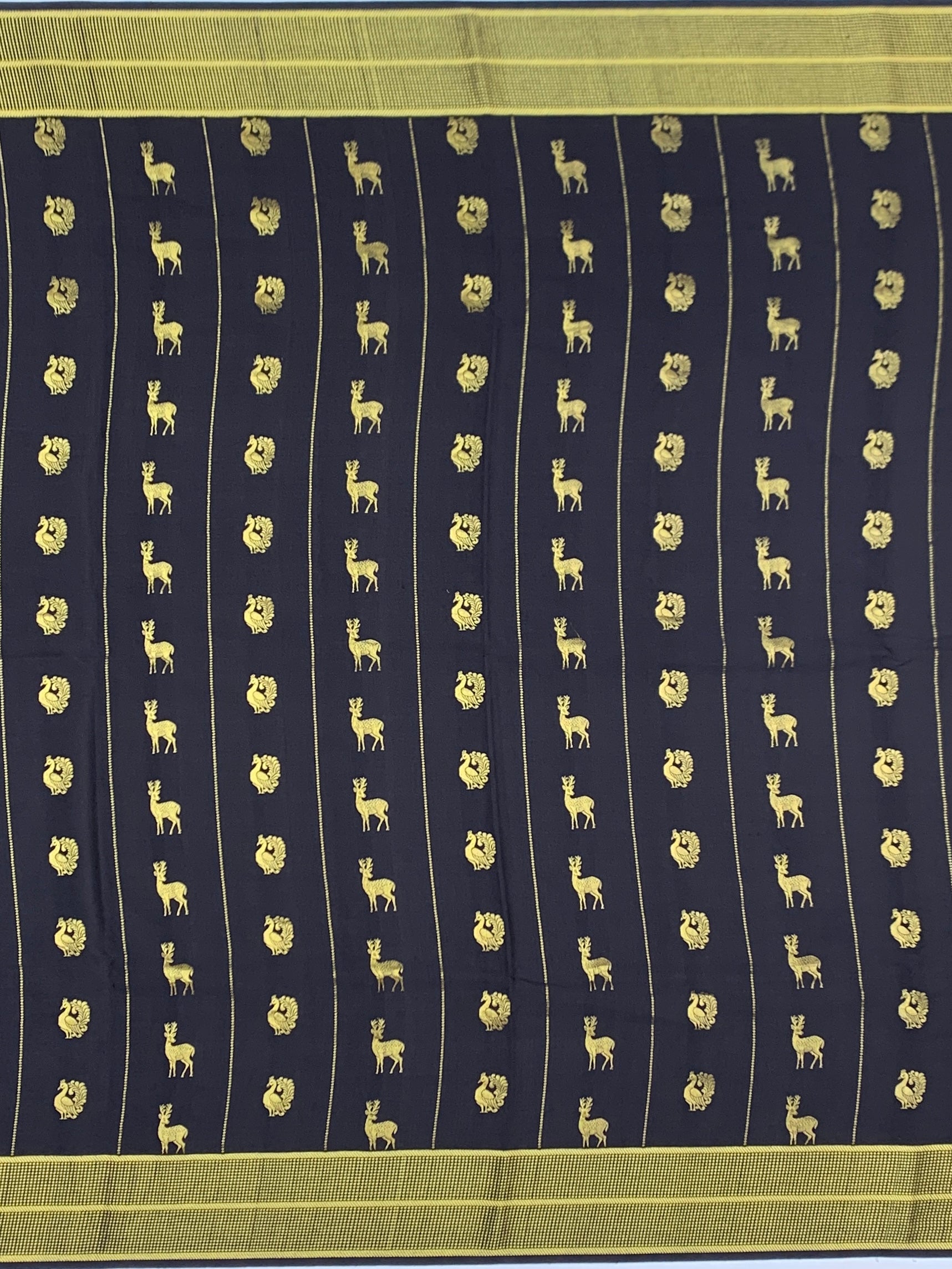 Midnight Charcoal Mysore Silk Saree with Golden Deer & Peacock Motifs