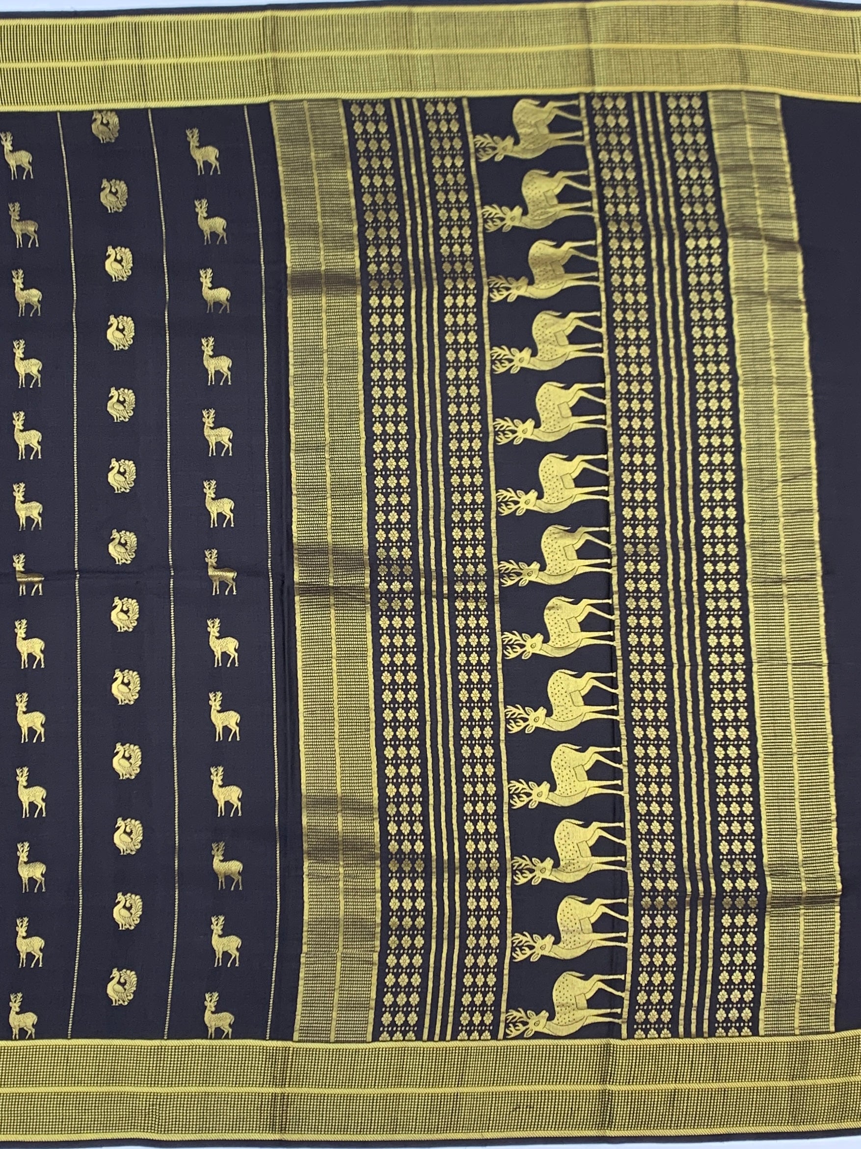 Midnight Charcoal Mysore Silk Saree with Golden Deer & Peacock Motifs