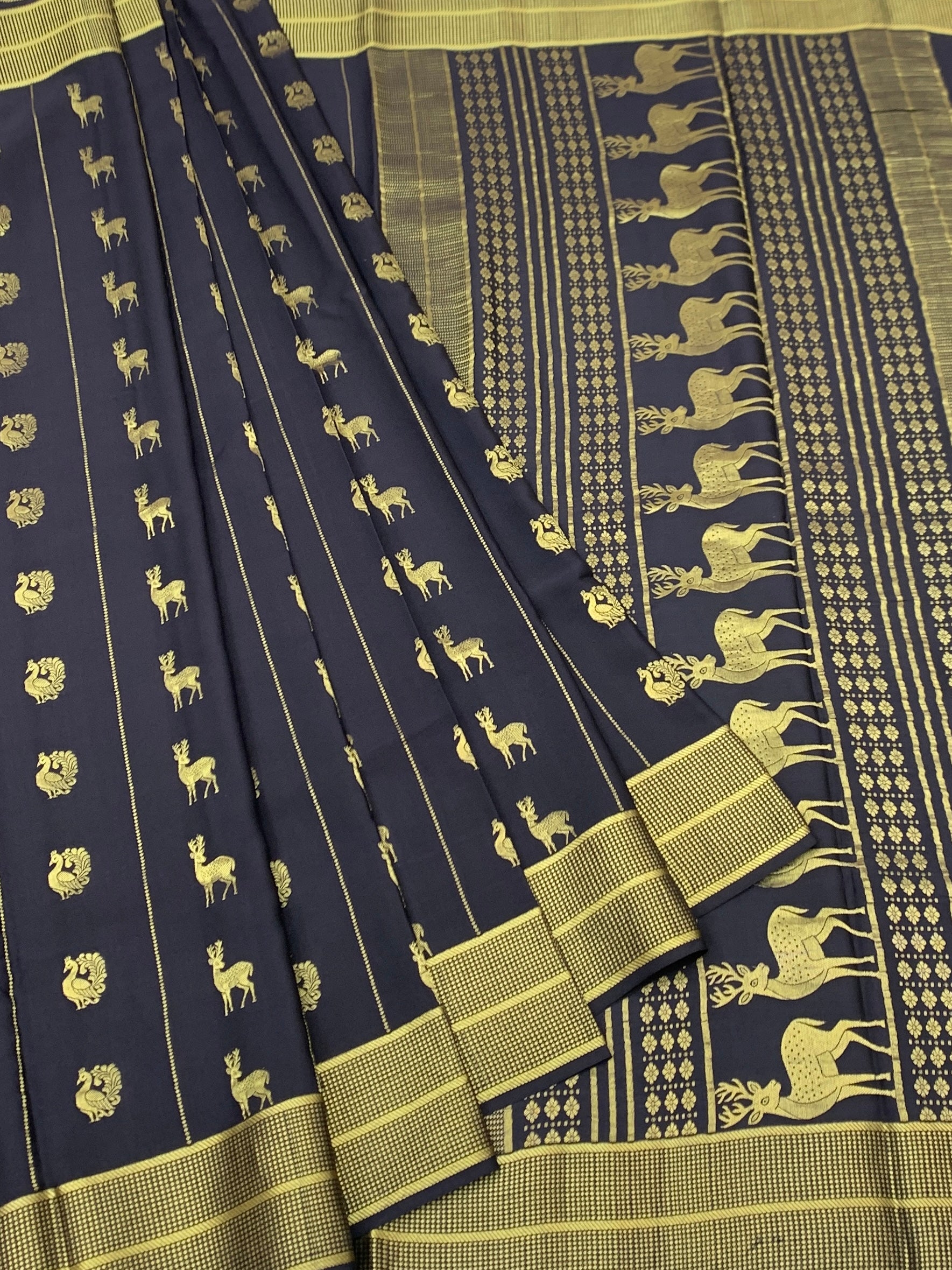 Midnight Charcoal Mysore Silk Saree with Golden Deer & Peacock Motifs