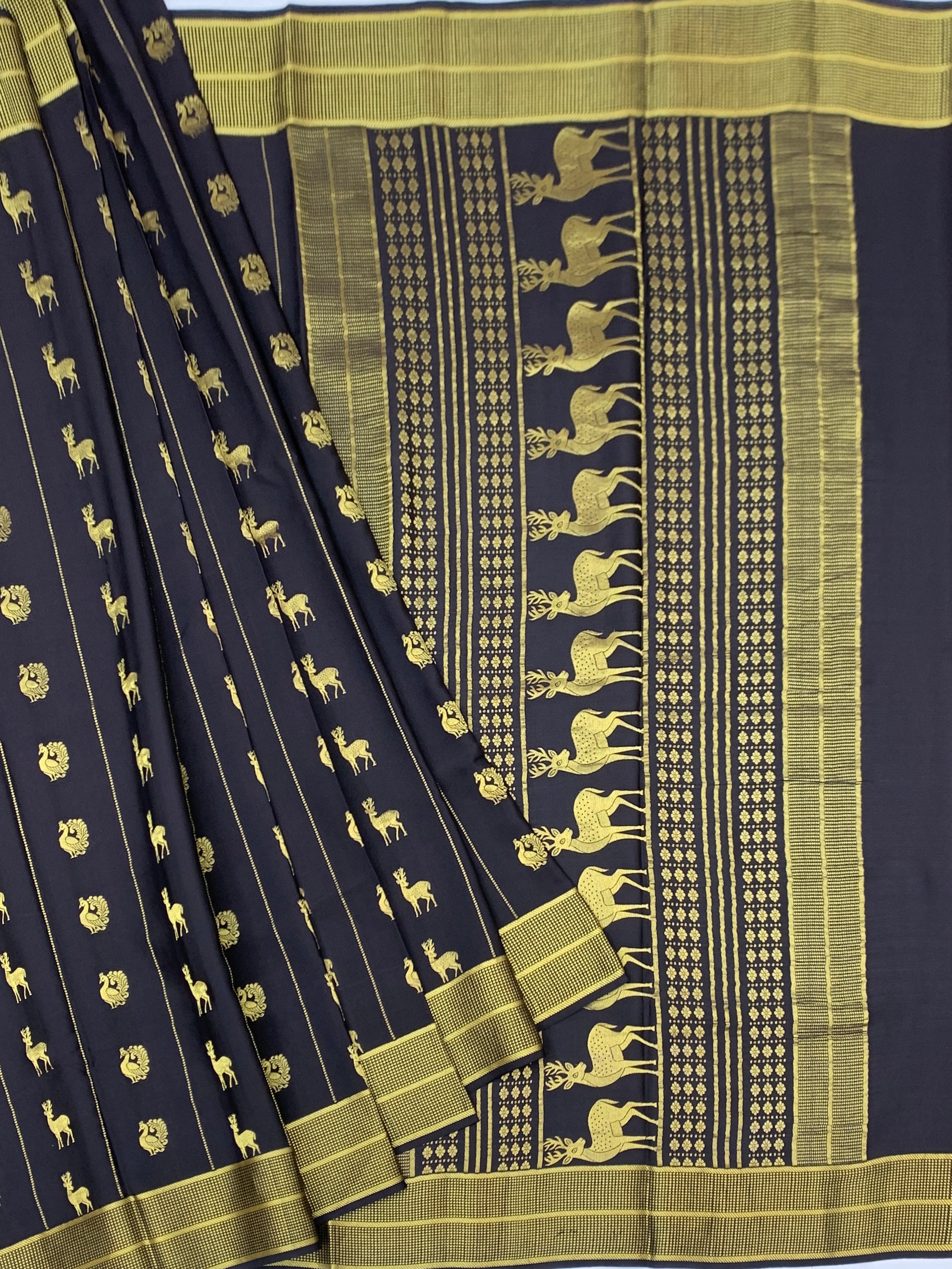Midnight Charcoal Mysore Silk Saree with Golden Deer & Peacock Motifs