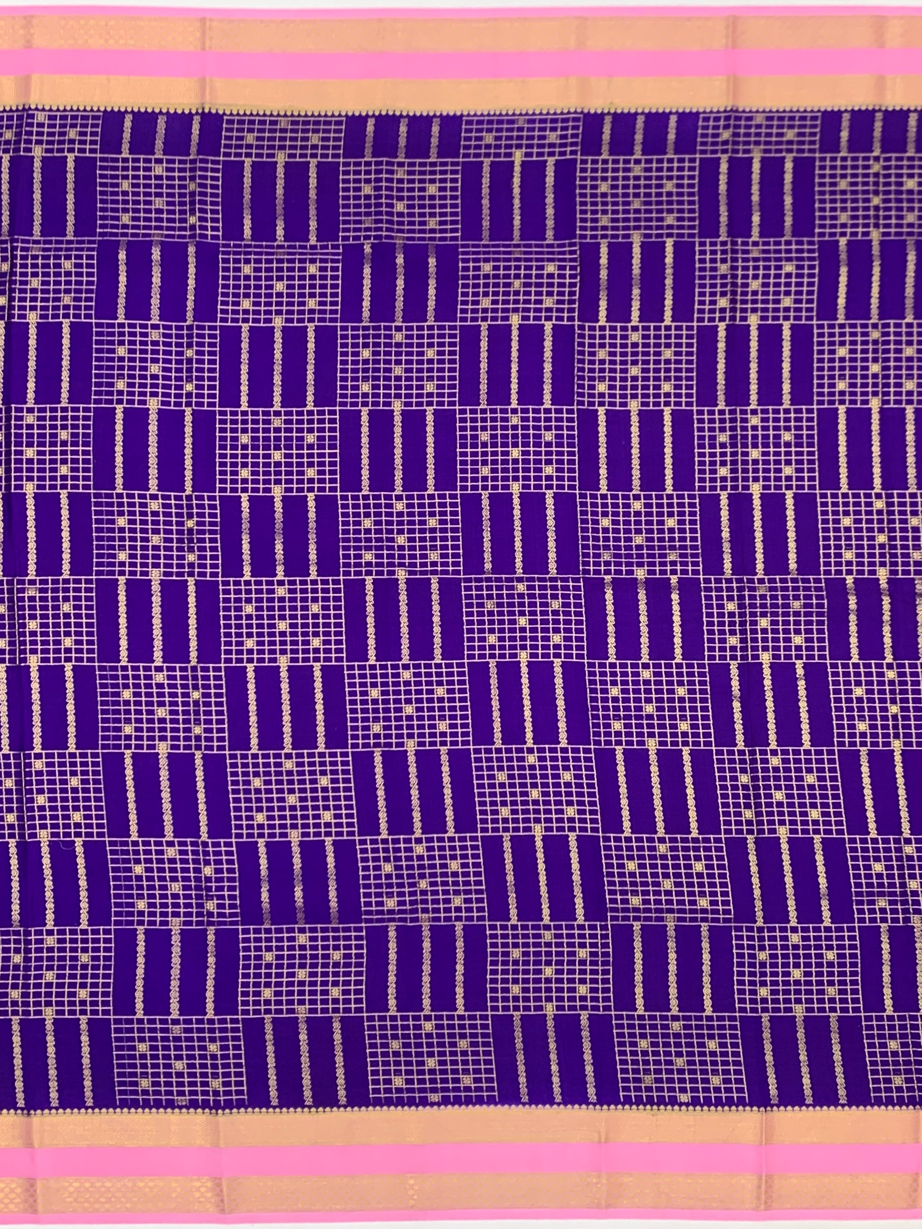Royal Purple & Rose Pink Mysore Silk Saree with Geometric Zari Grid