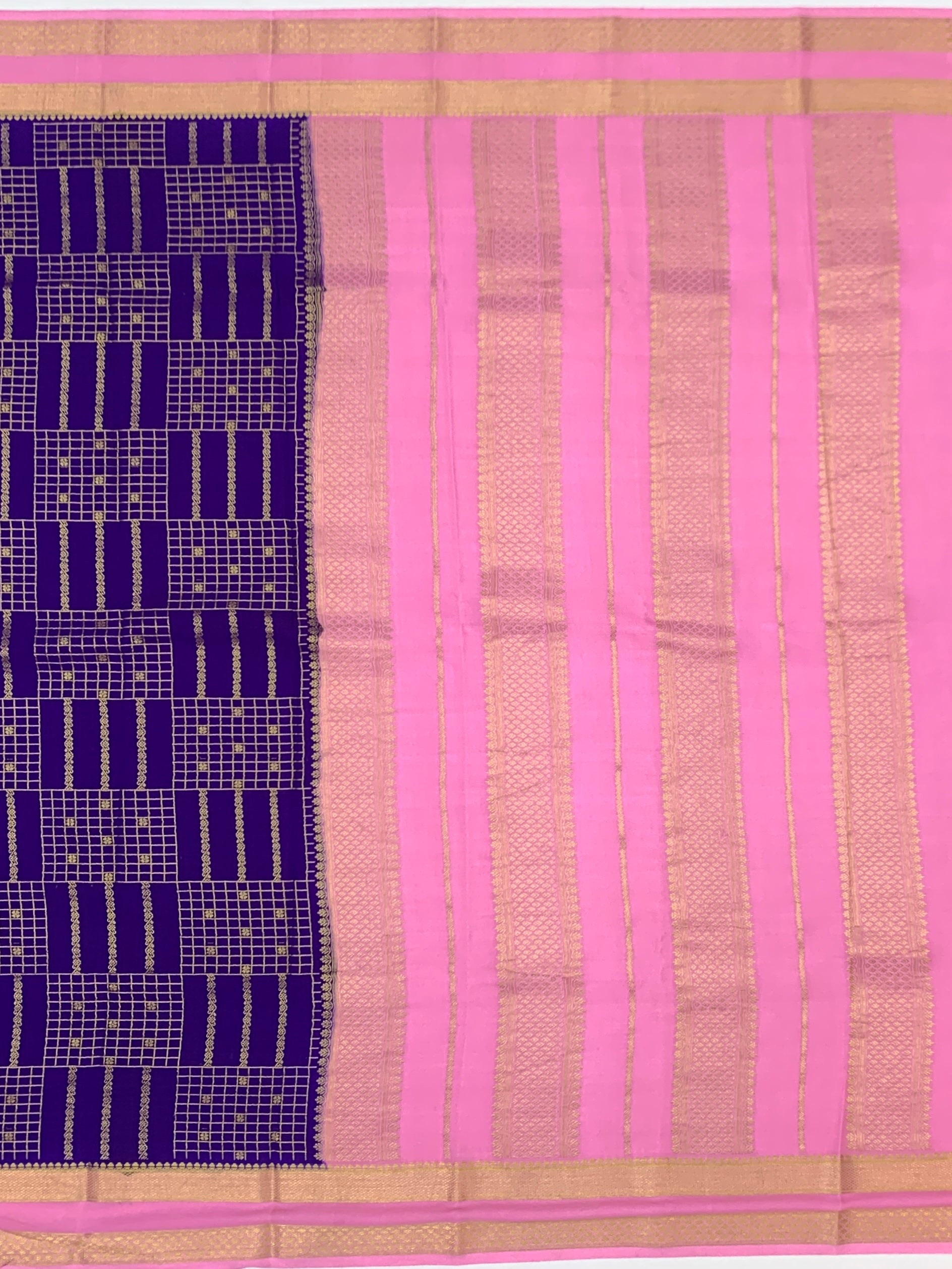 Royal Purple & Rose Pink Mysore Silk Saree with Geometric Zari Grid