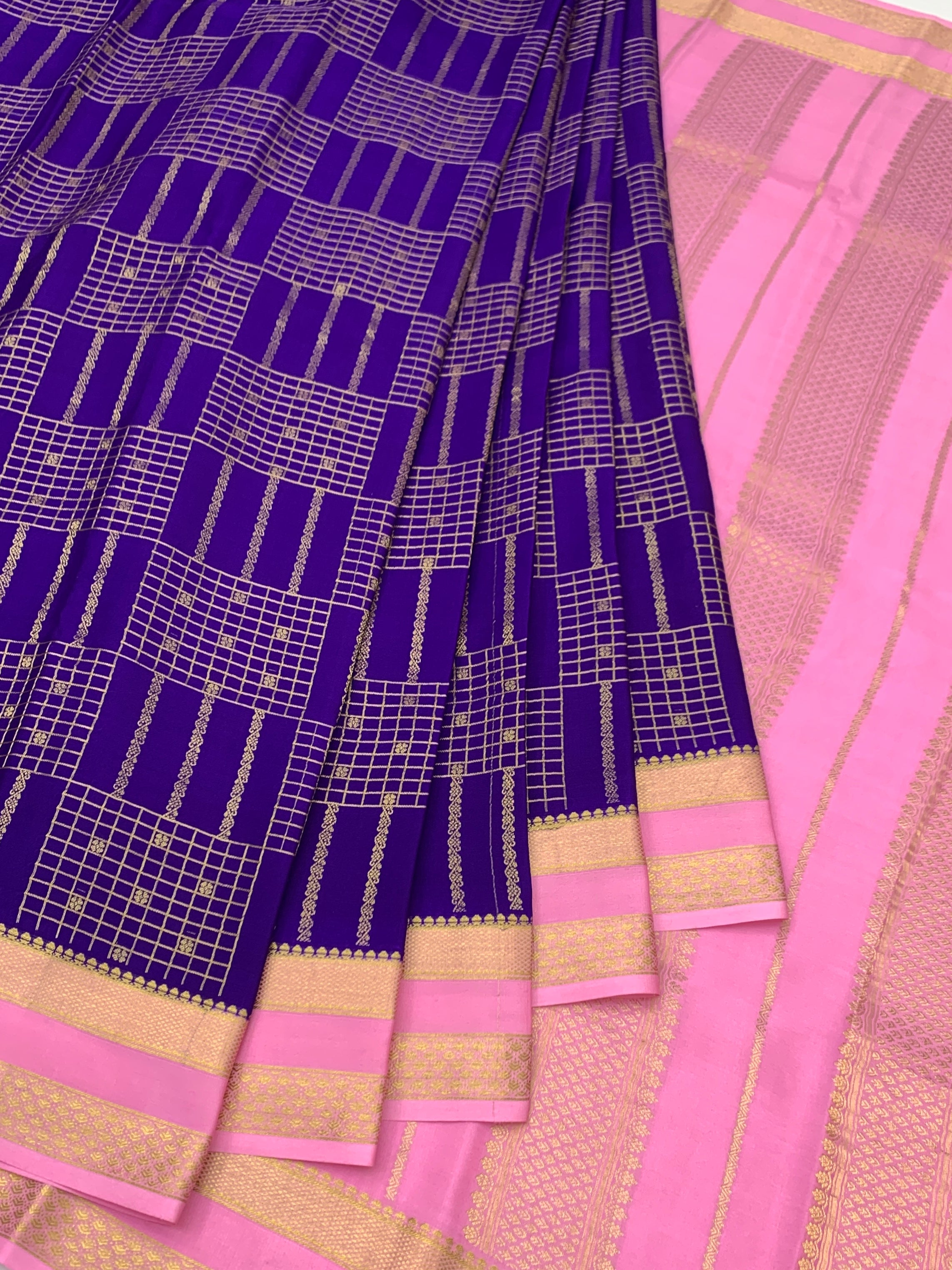 Royal Purple & Rose Pink Mysore Silk Saree with Geometric Zari Grid