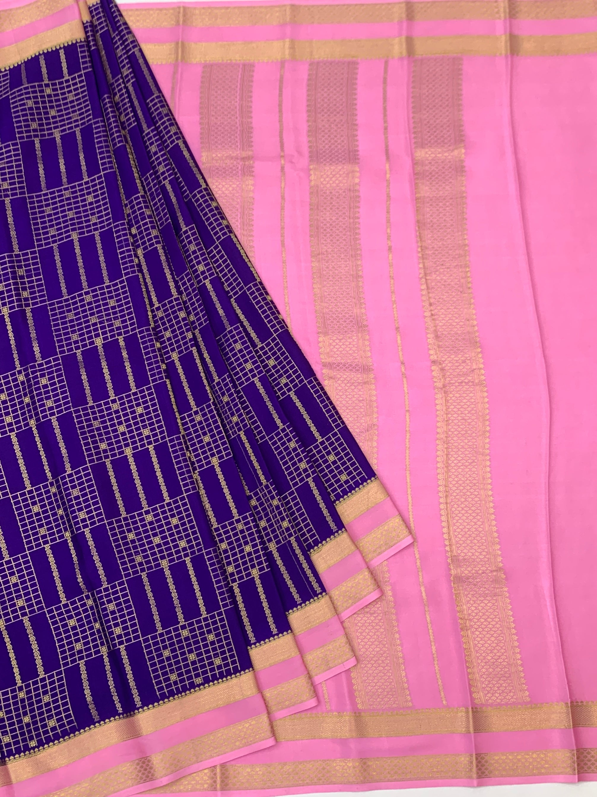 Royal Purple & Rose Pink Mysore Silk Saree with Geometric Zari Grid