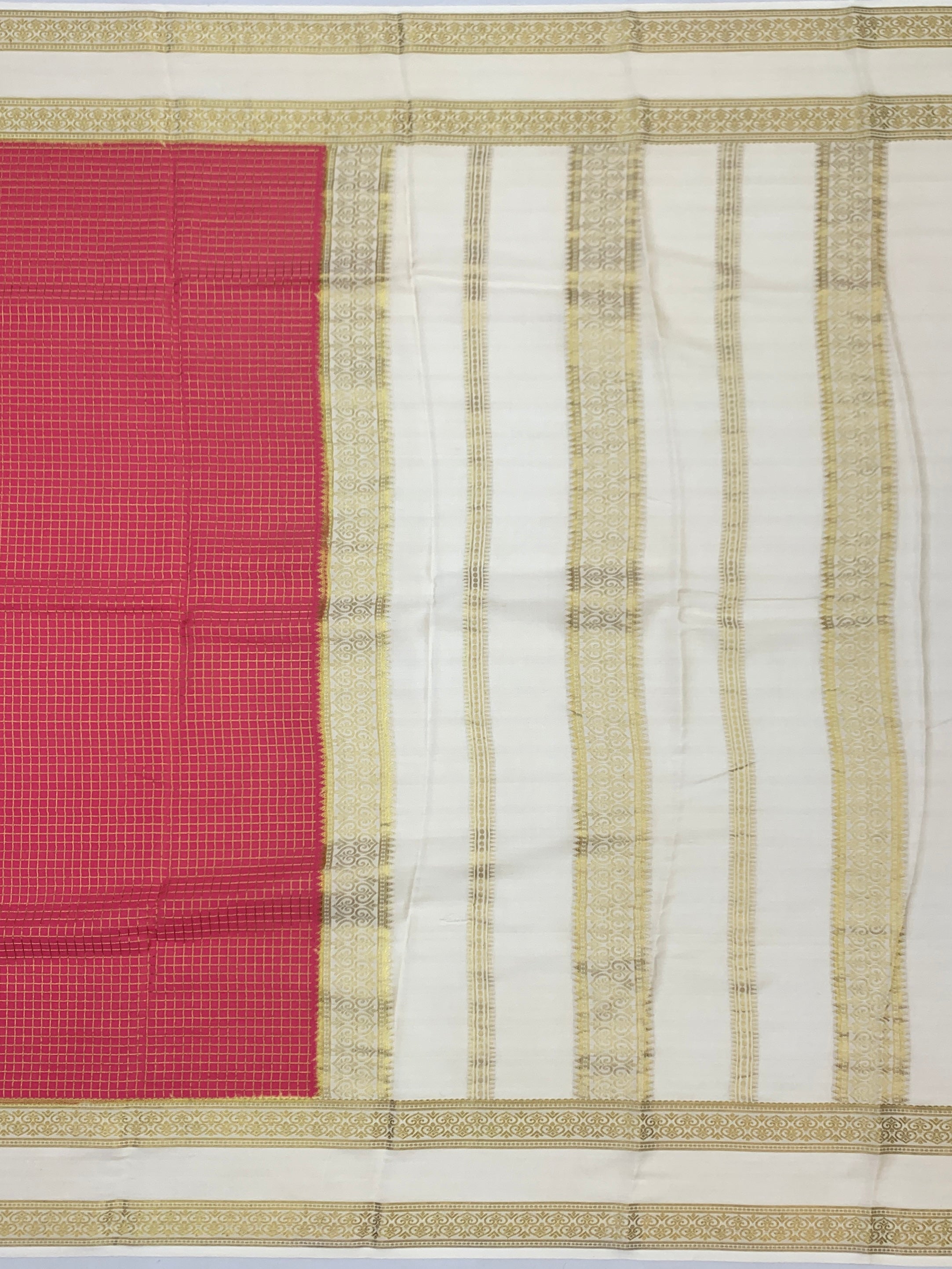 Vibrant Rani Pink Mysore Silk Saree with Zari Checks & Contrast Border