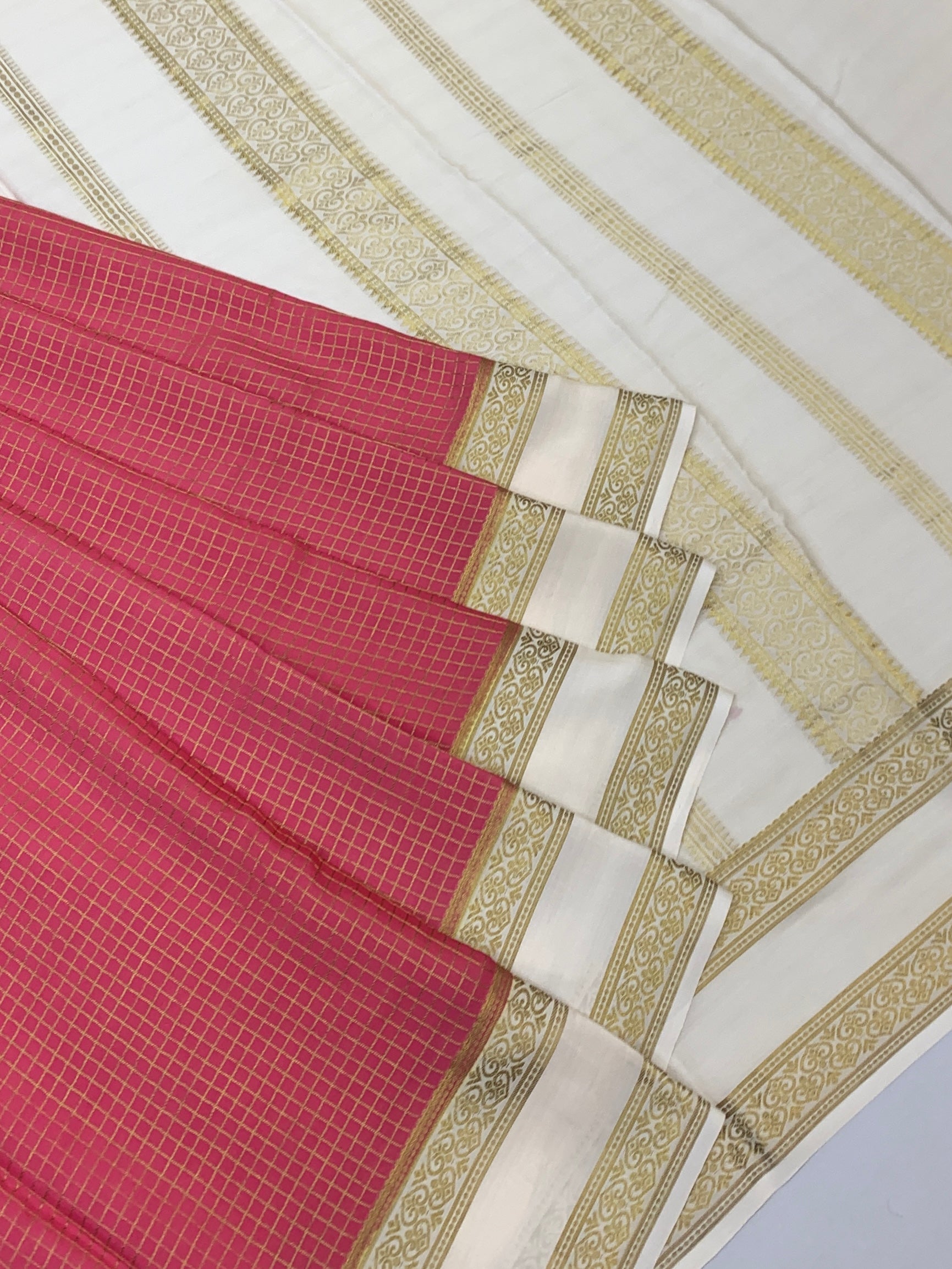 Vibrant Rani Pink Mysore Silk Saree with Zari Checks & Contrast Border