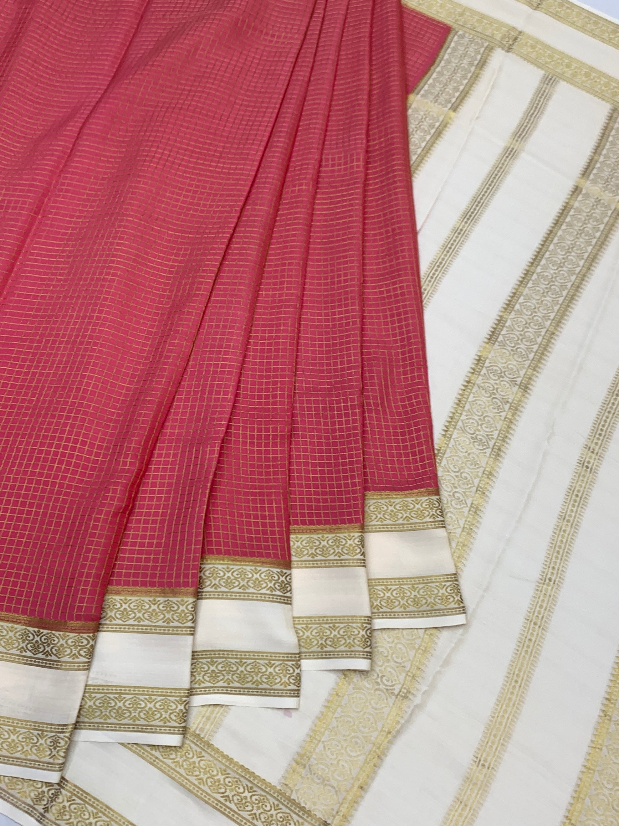 Vibrant Rani Pink Mysore Silk Saree with Zari Checks & Contrast Border