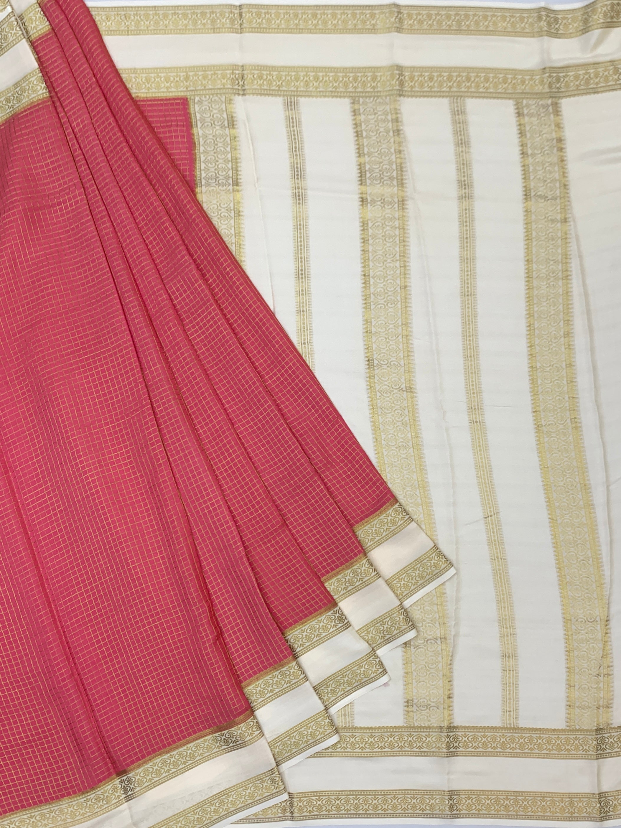 Vibrant Rani Pink Mysore Silk Saree with Zari Checks & Contrast Border