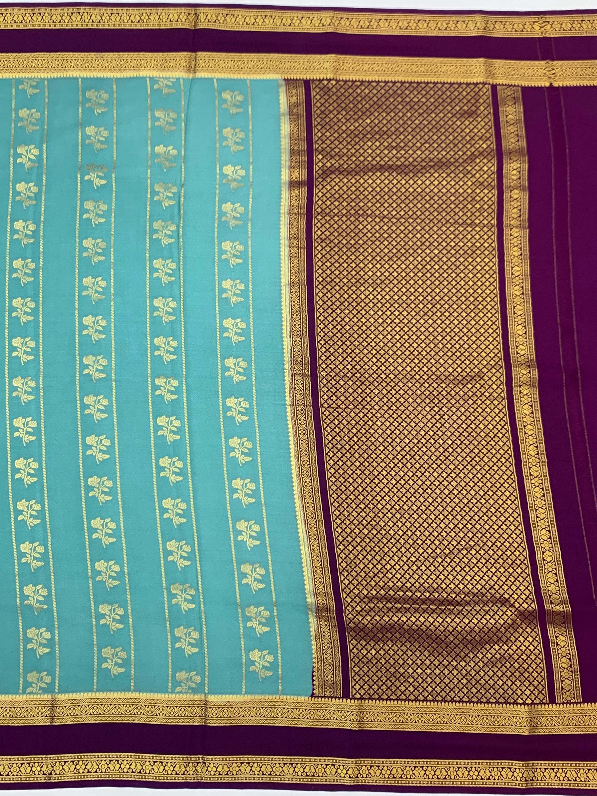 Elegant Turquoise Blue & Deep Purple Mysore Silk Saree with Floral Zari Work