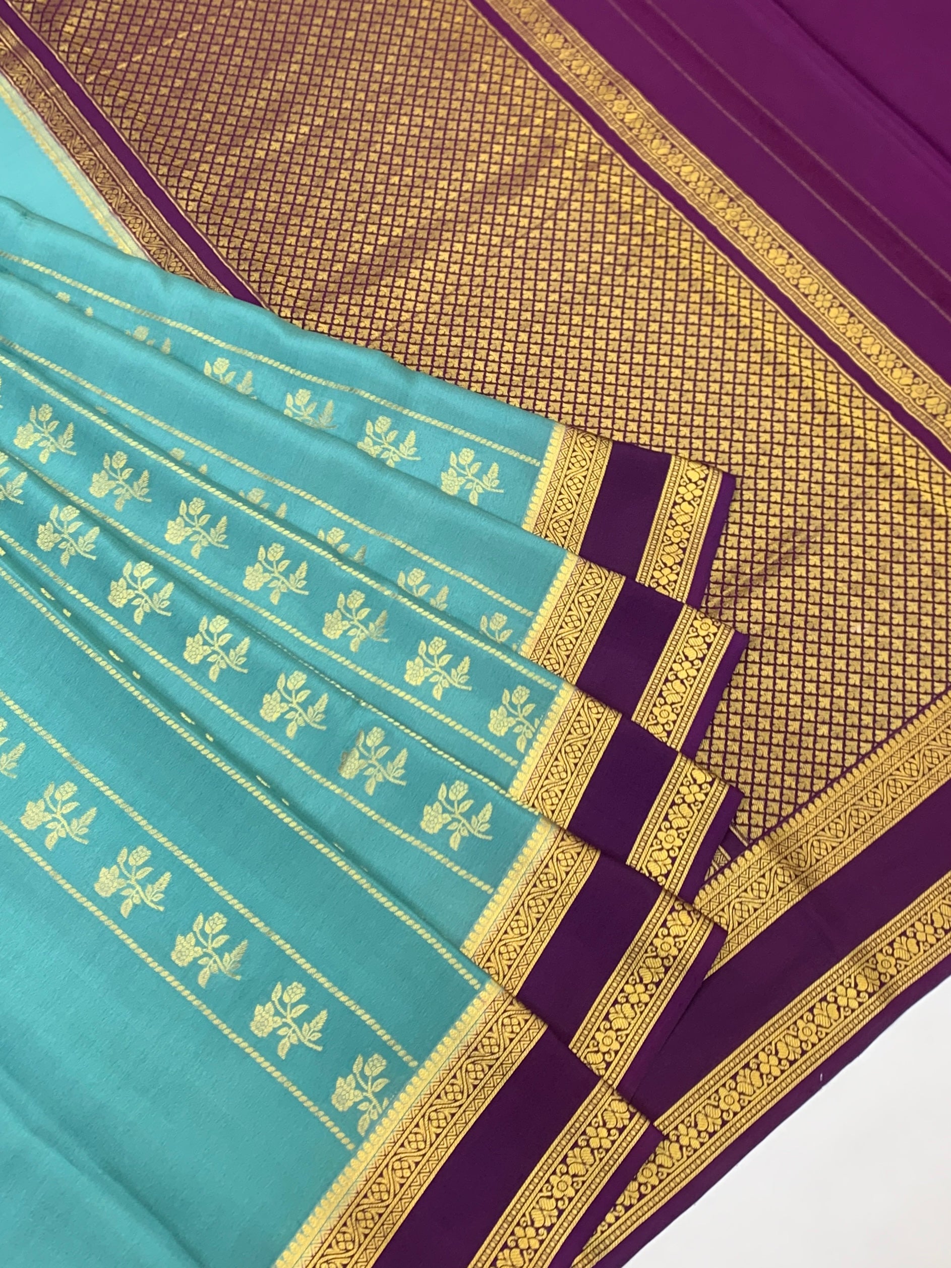Elegant Turquoise Blue & Deep Purple Mysore Silk Saree with Floral Zari Work