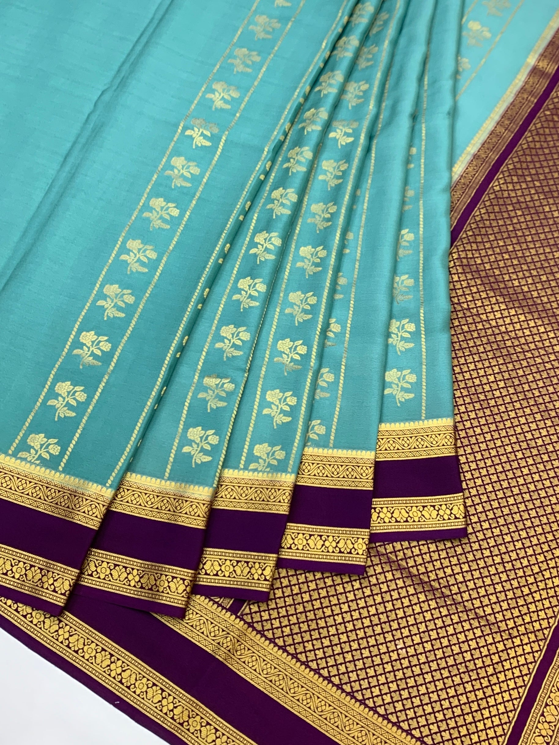 Elegant Turquoise Blue & Deep Purple Mysore Silk Saree with Floral Zari Work