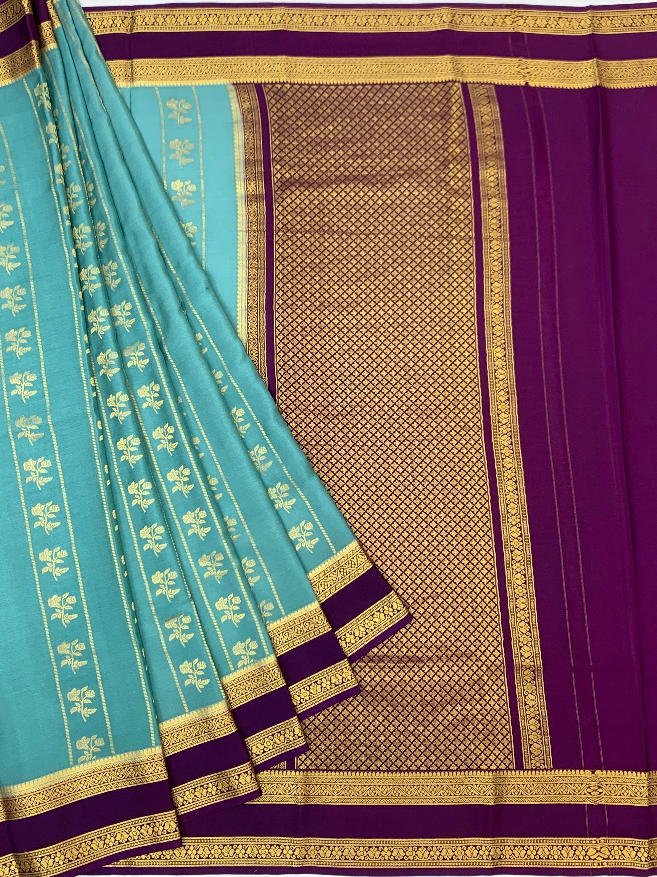 Elegant Turquoise Blue & Deep Purple Mysore Silk Saree with Floral Zari Work