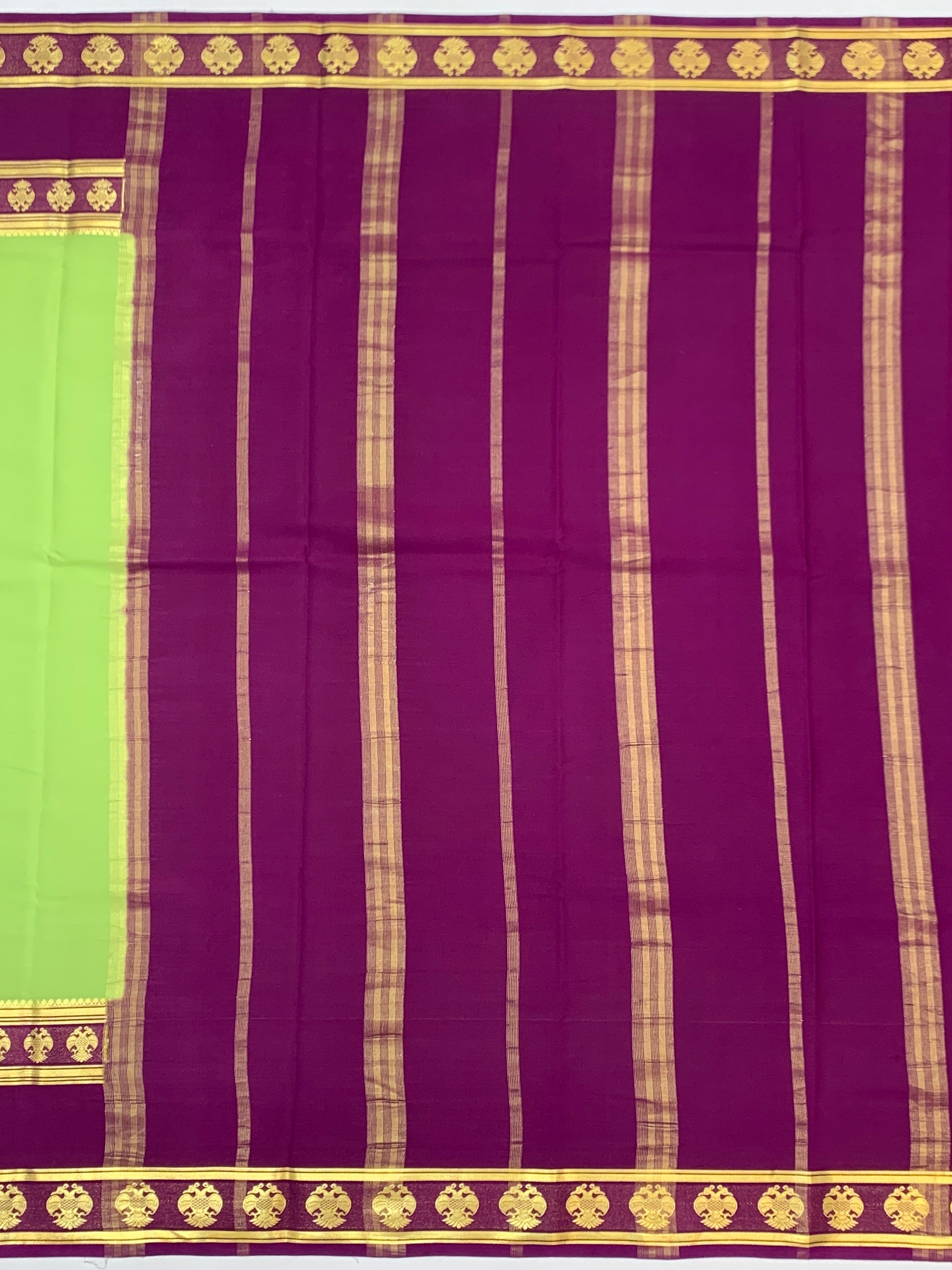 Vibrant Light Green & Deep Purple Mysore Silk Saree