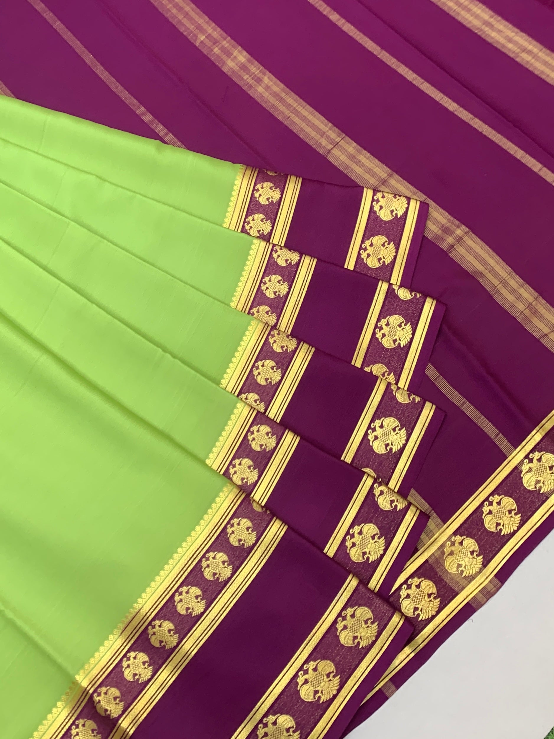 Vibrant Light Green & Deep Purple Mysore Silk Saree