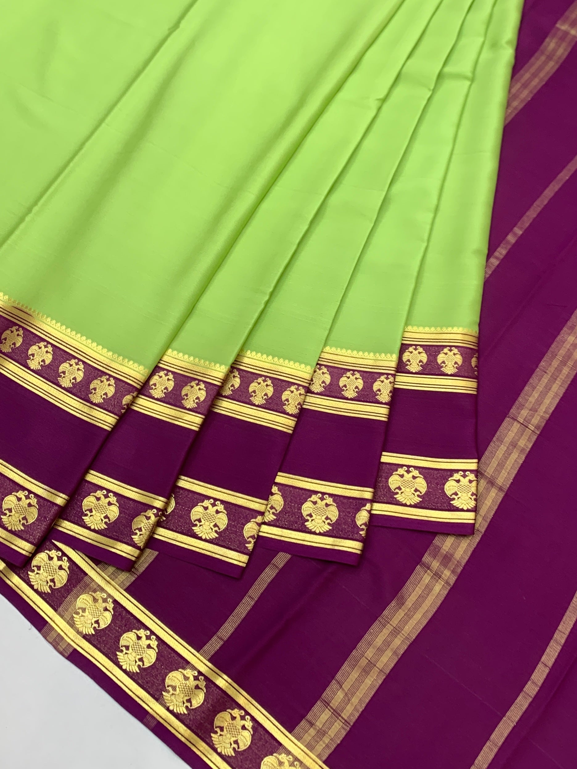 Vibrant Light Green & Deep Purple Mysore Silk Saree