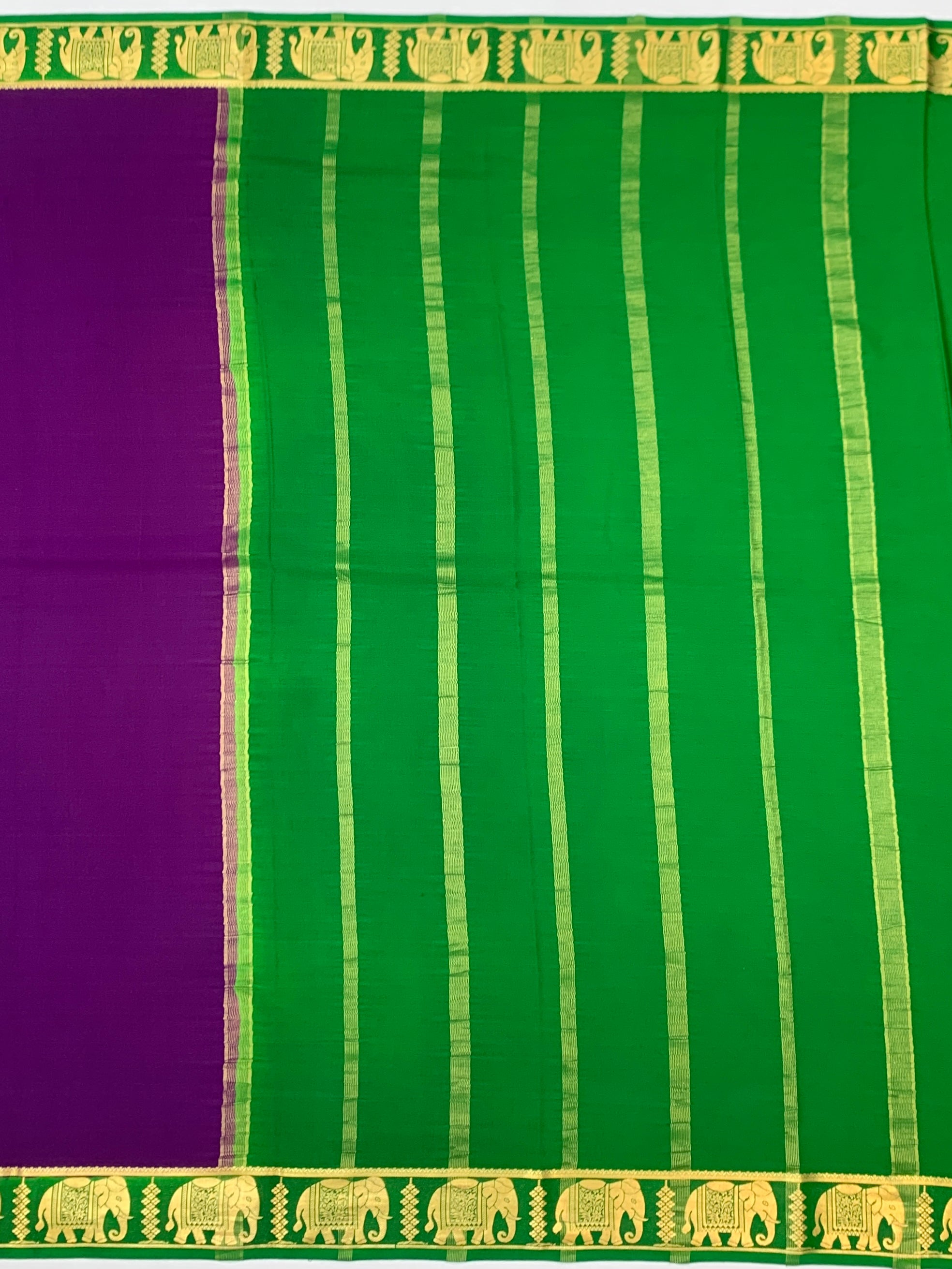 Royal Purple & Emerald Green Mysore Silk Saree with Elephant Zari Border