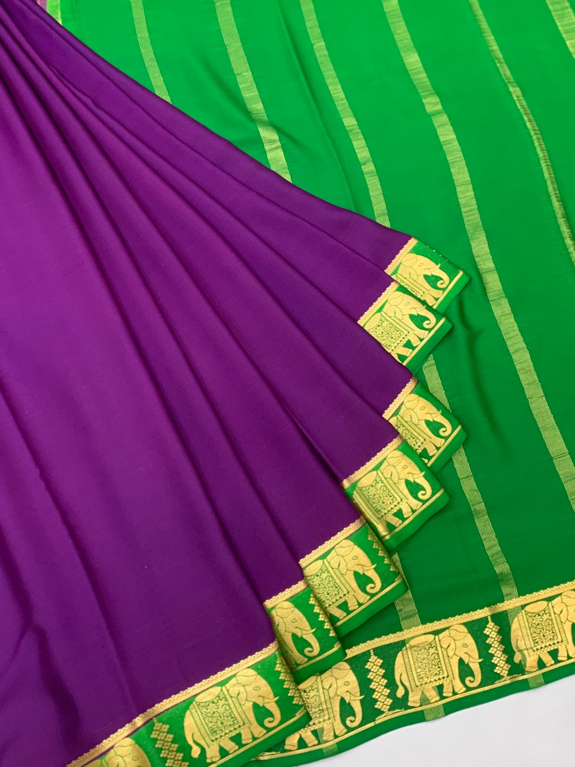 Royal Purple & Emerald Green Mysore Silk Saree with Elephant Zari Border
