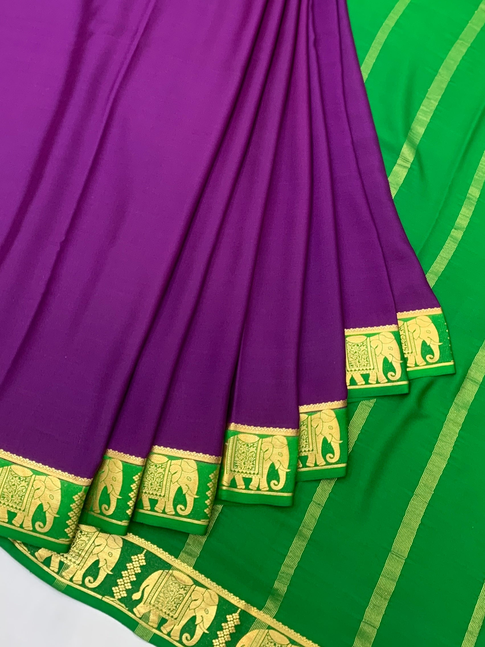 Royal Purple & Emerald Green Mysore Silk Saree with Elephant Zari Border