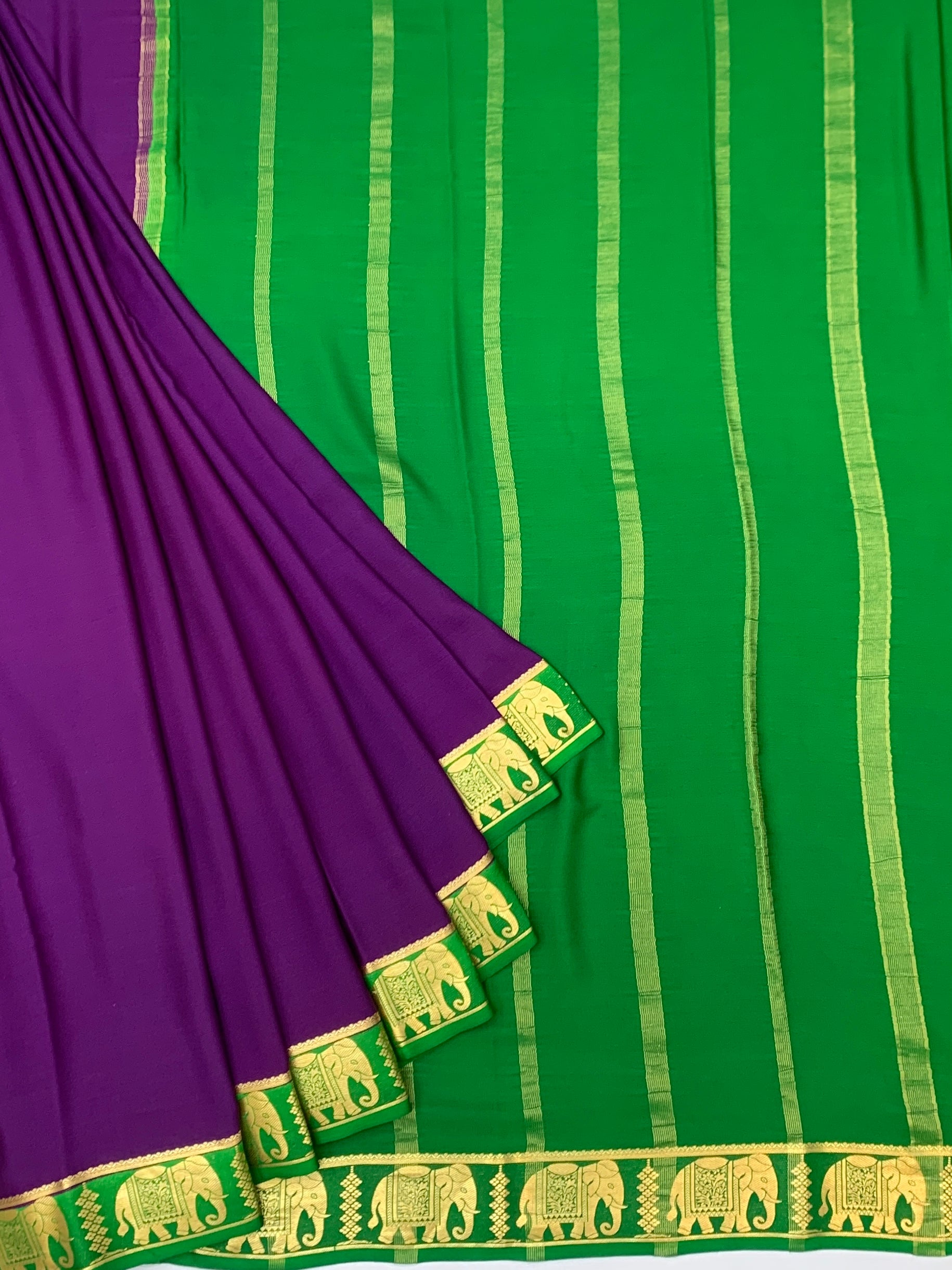 Royal Purple & Emerald Green Mysore Silk Saree with Elephant Zari Border