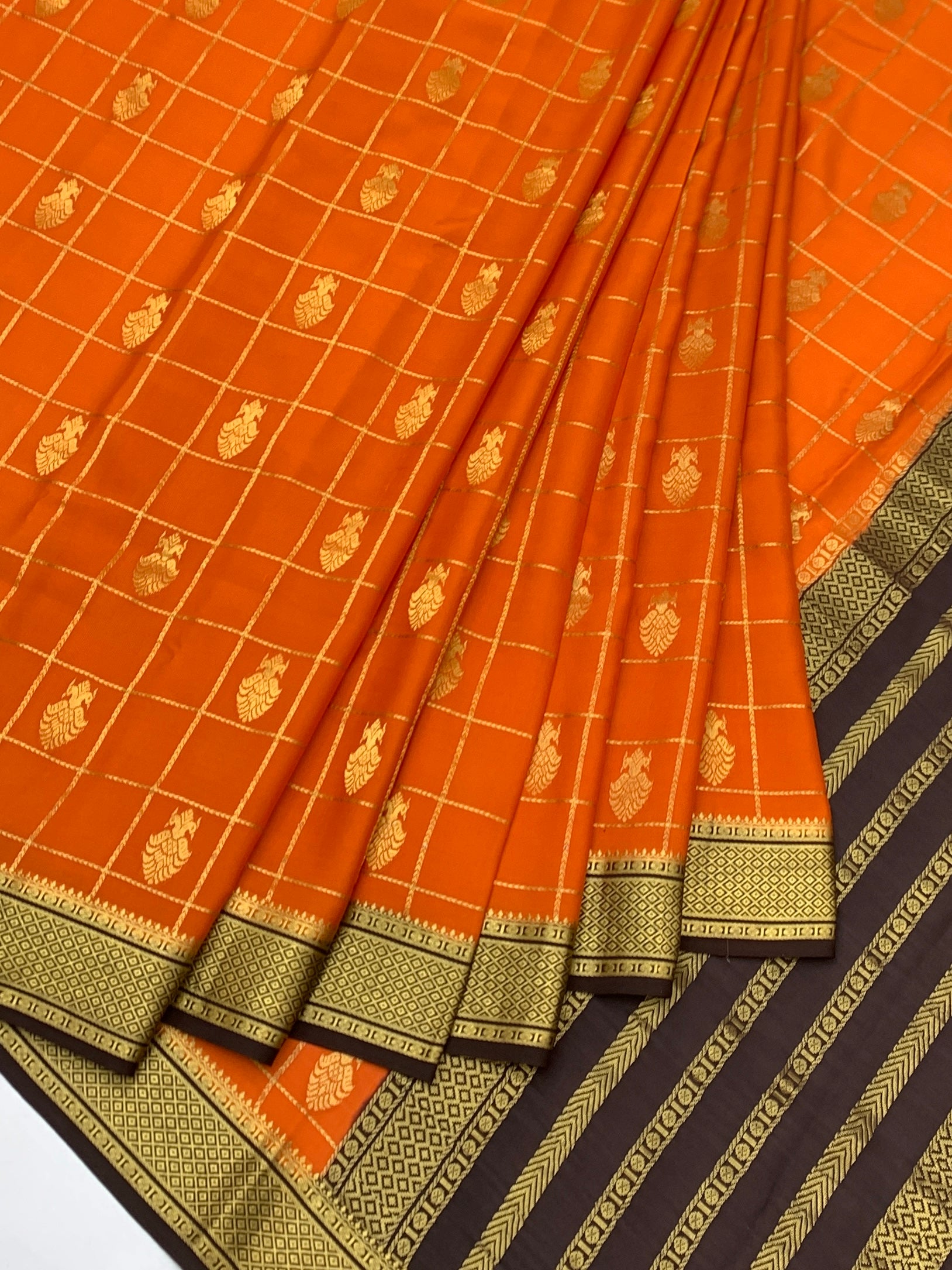 Radiant Orange & Chocolate Brown Checked Mysore Silk Saree