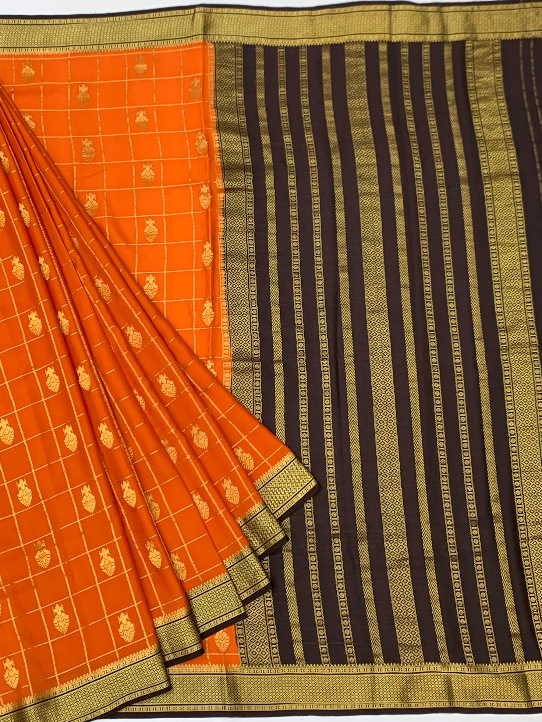 Radiant Orange & Chocolate Brown Checked Mysore Silk Saree