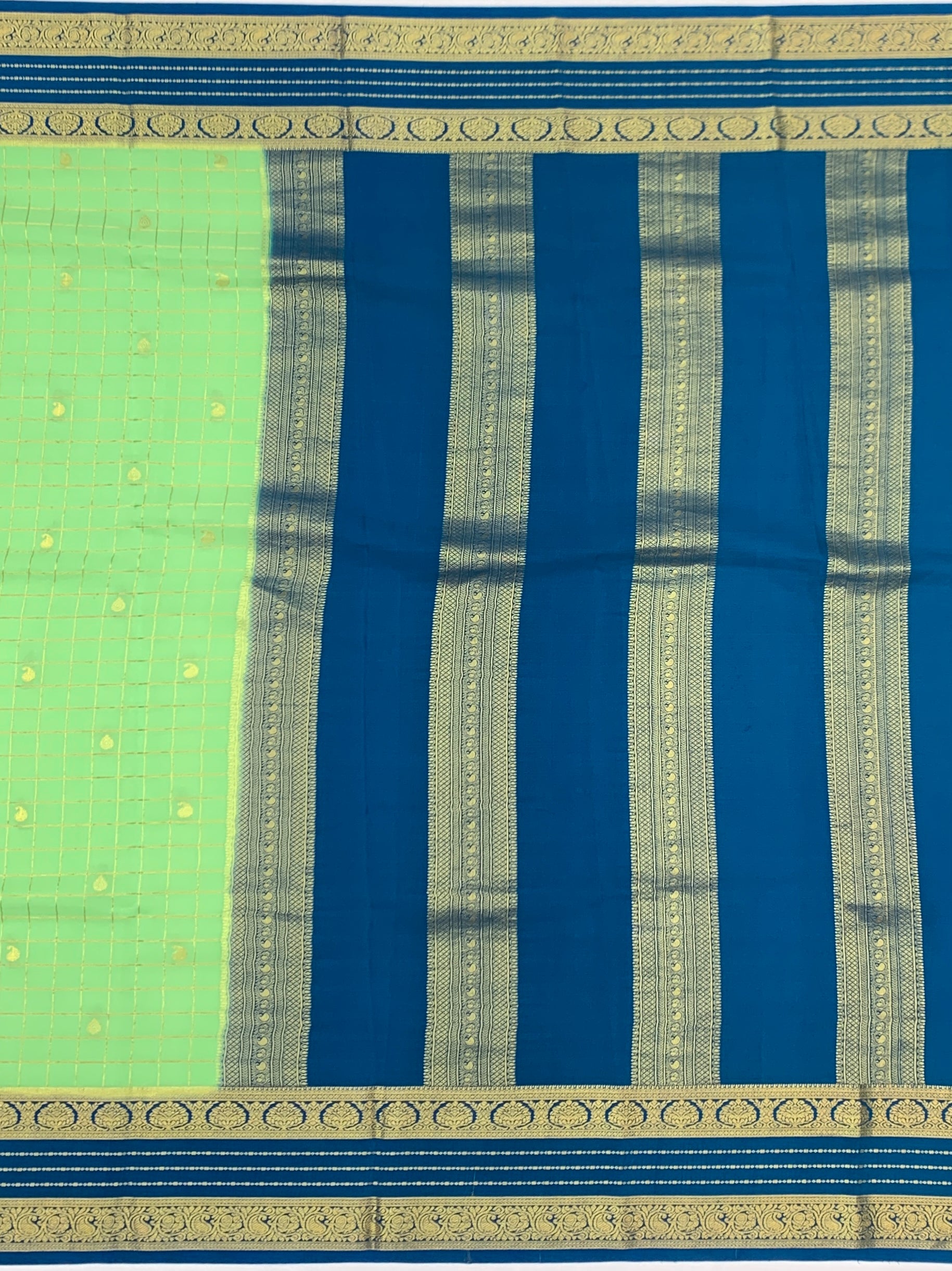 Royal Contrast Mysore Silk Saree – Mint Green & Peacock Blue