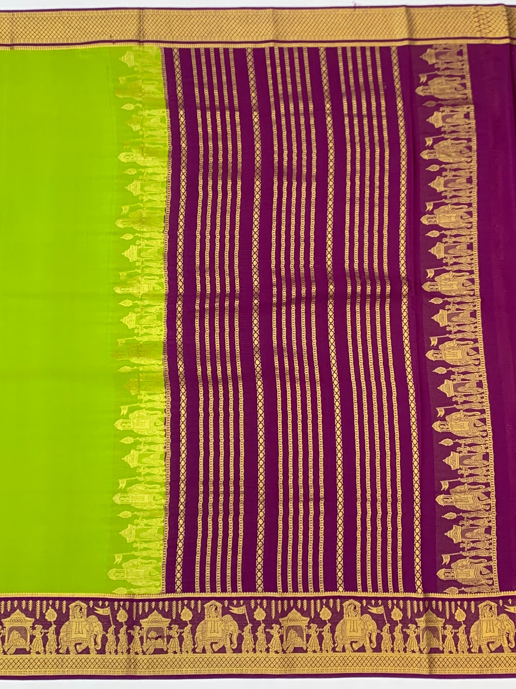 Vibrant Lime Green & Royal Purple Mysore Silk Saree