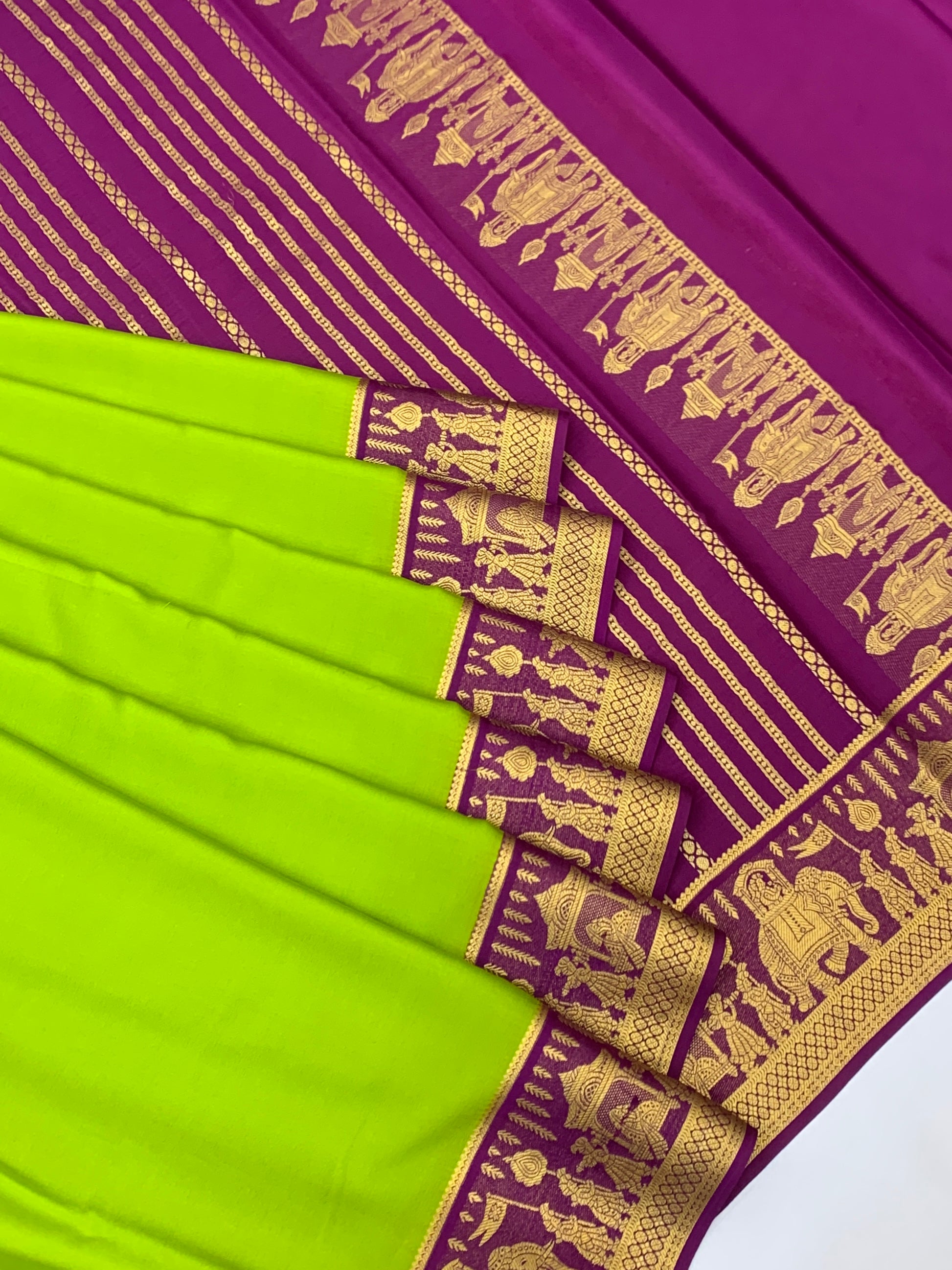 Vibrant Lime Green & Royal Purple Mysore Silk Saree
