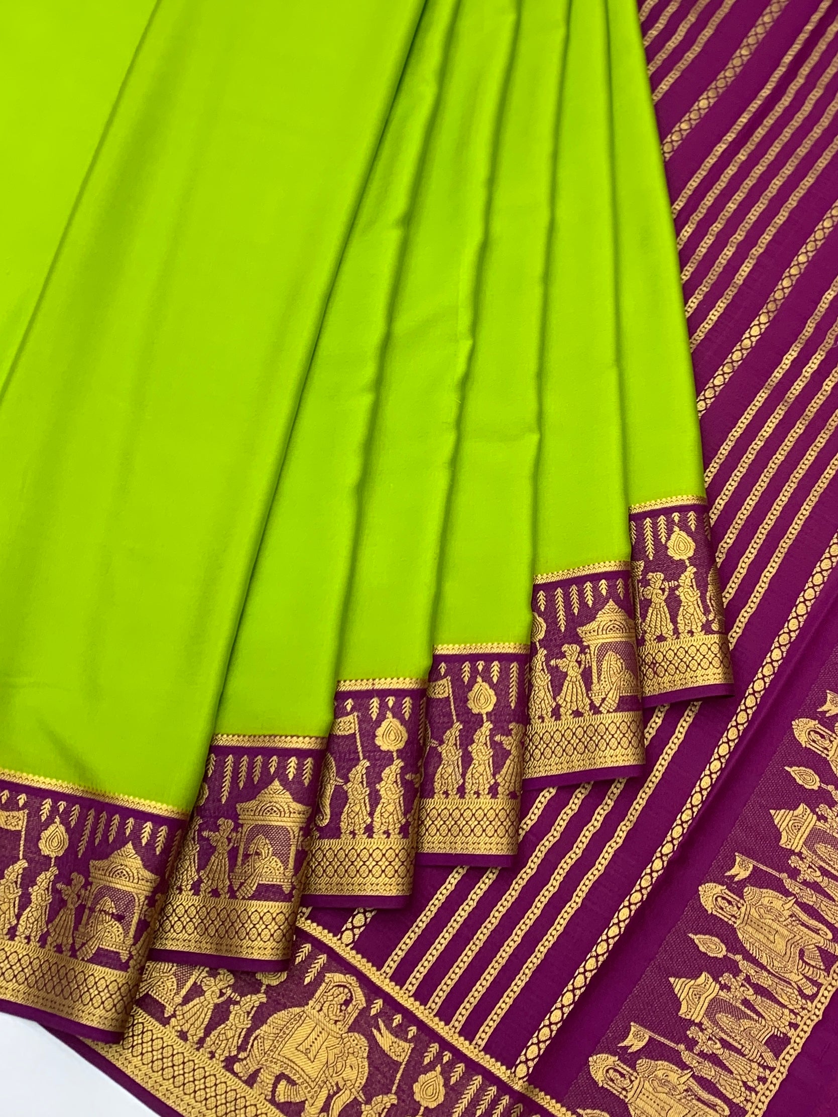 Vibrant Lime Green & Royal Purple Mysore Silk Saree