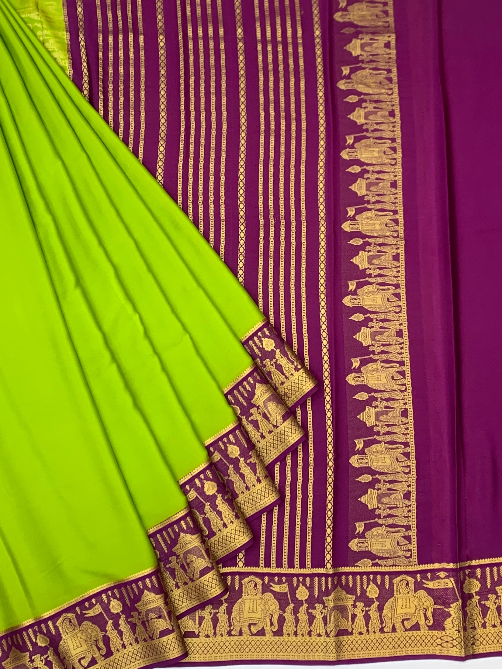 Vibrant Lime Green & Royal Purple Mysore Silk Saree