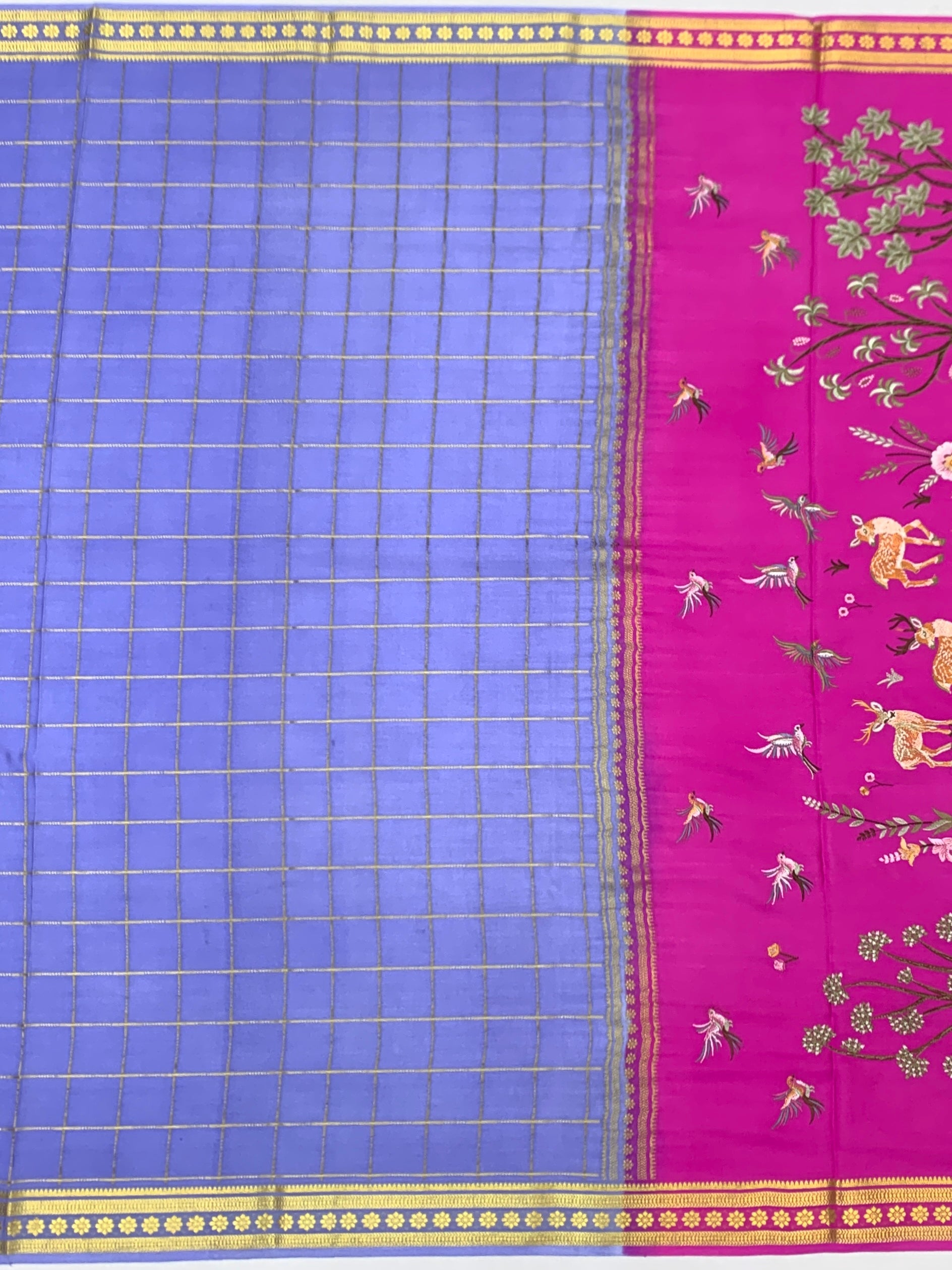 Royal Mysore Silk Shikargah Saree – Lavender Blue & Fuchsia Pink