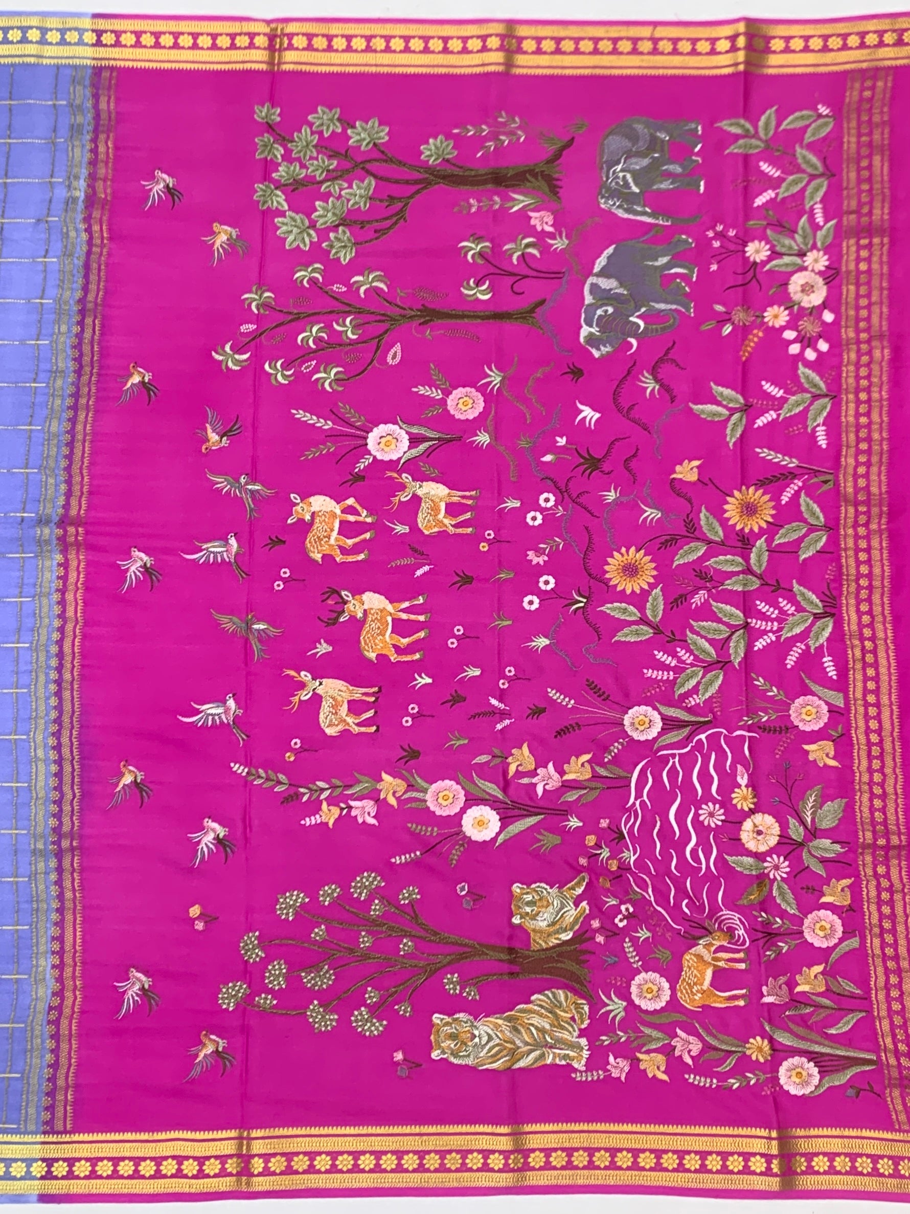 Royal Mysore Silk Shikargah Saree – Lavender Blue & Fuchsia Pink
