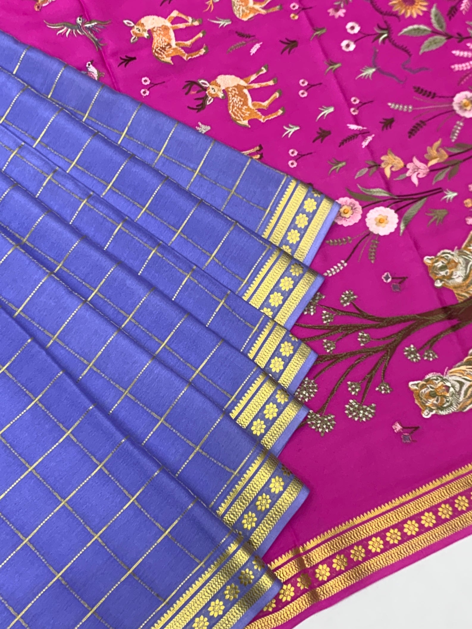 Royal Mysore Silk Shikargah Saree – Lavender Blue & Fuchsia Pink