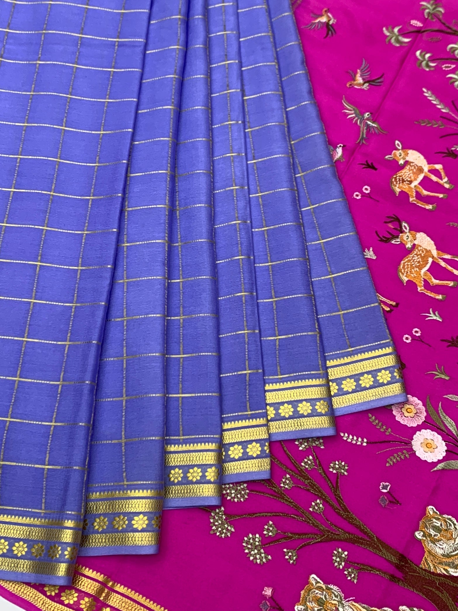 Royal Mysore Silk Shikargah Saree – Lavender Blue & Fuchsia Pink