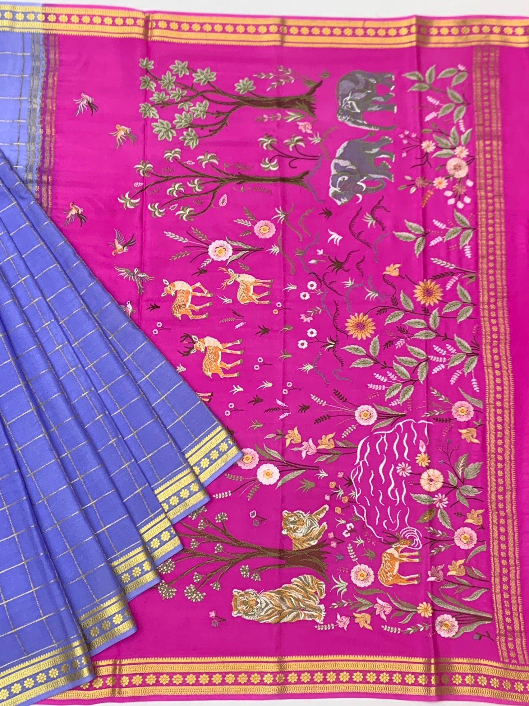 Royal Mysore Silk Shikargah Saree – Lavender Blue & Fuchsia Pink